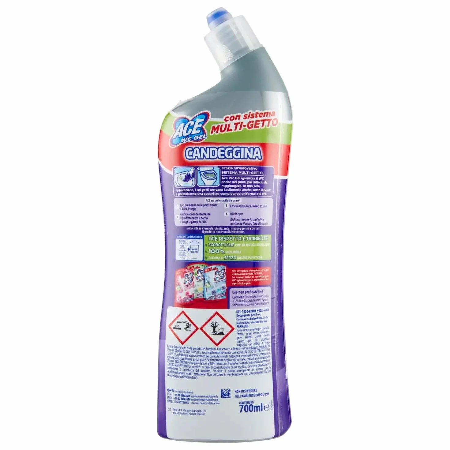 Confezione da 12 gel ACE Wc con Candeggina Lavanda, detergente per WC con candeggina, profumo di lavanda, 700 ml + 1 polvere di talco FELCE AZZURRA