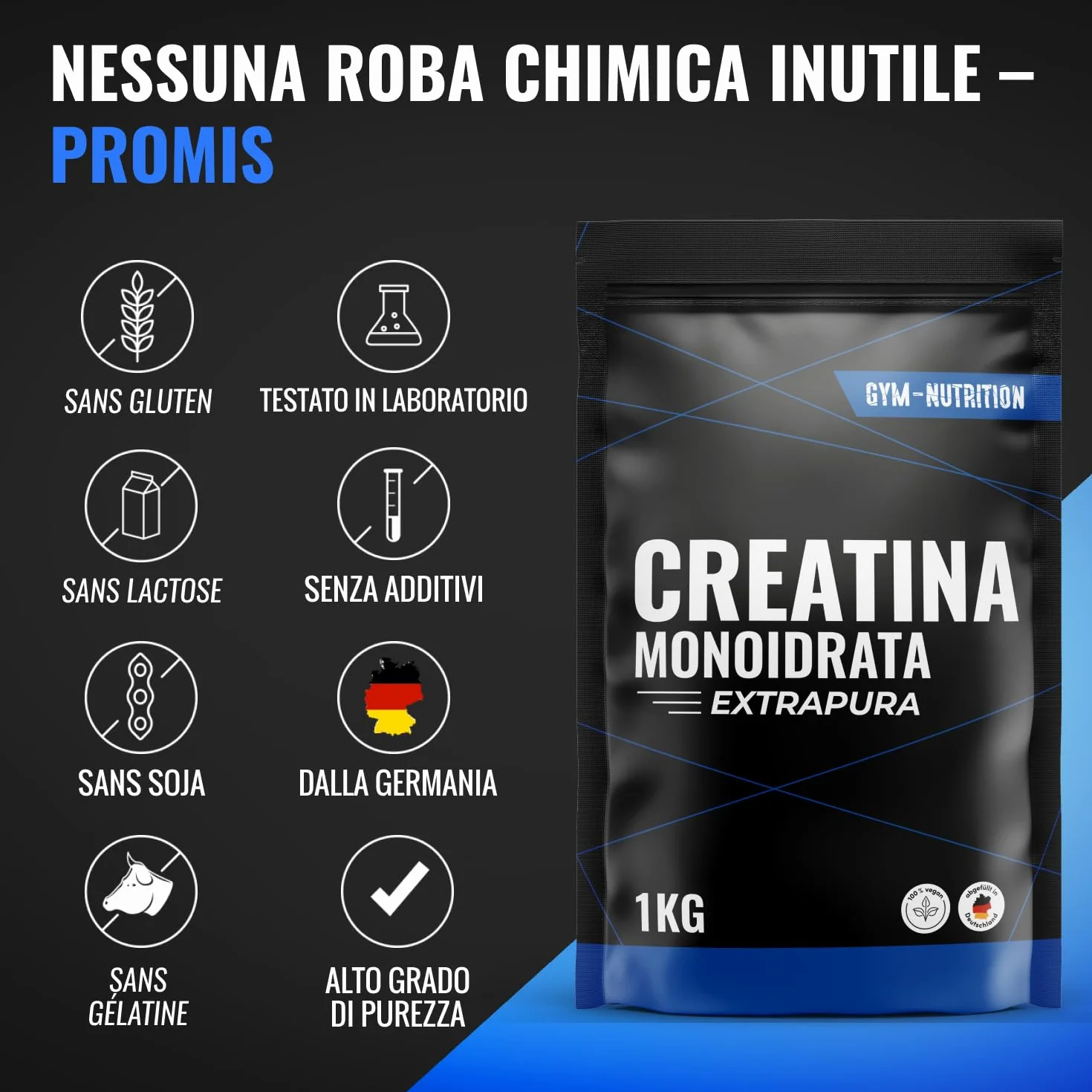 Creatina Monoidrato Polvere 1KG - 100% Vegan, Extrapura - Prodotta in Germania