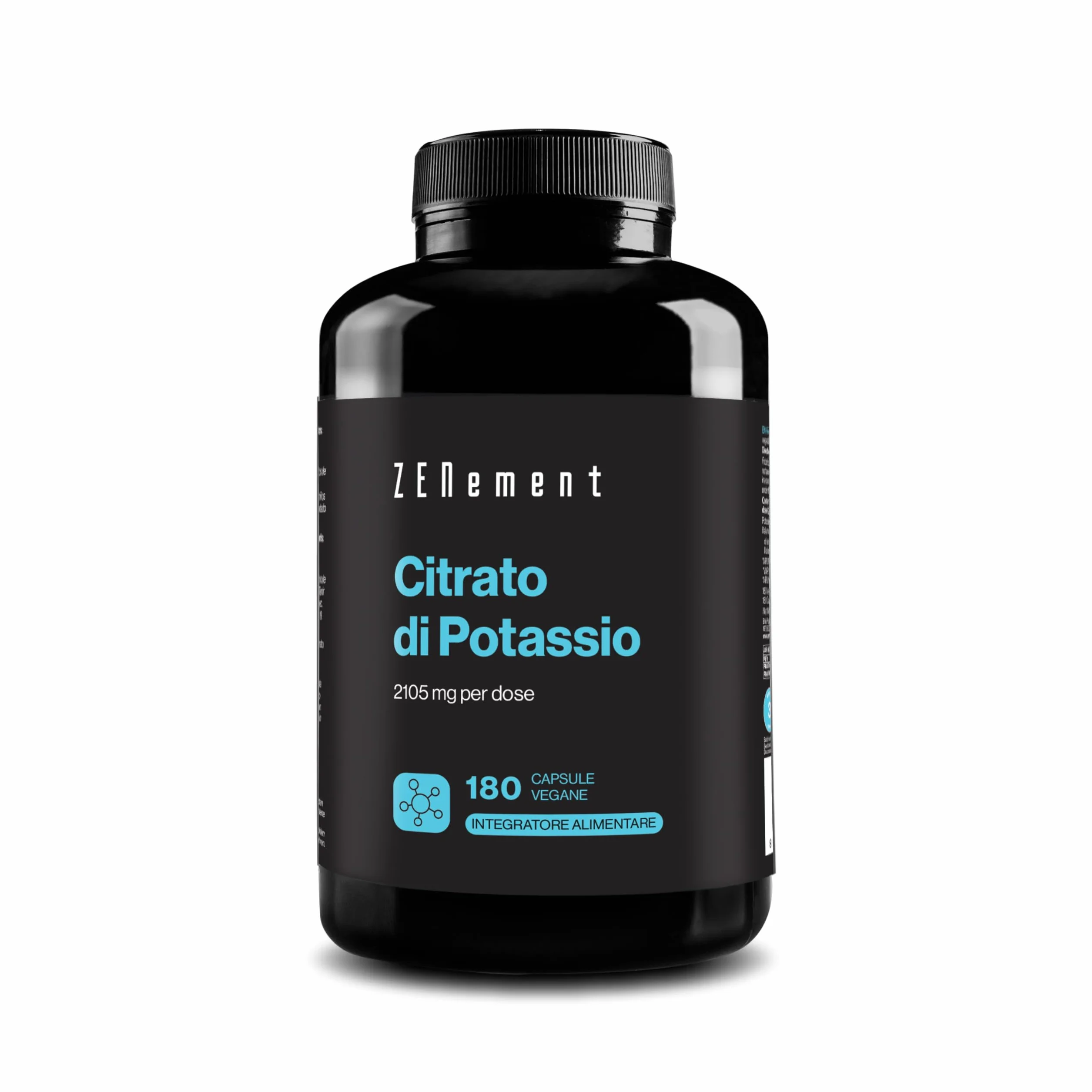 Citrato di Potassio 2105 mg per Dose (800 mg di Potassio Elementare in 2 capsule) - 180 Capsule per 3 Mesi - Supporto Muscolare, Nervoso e Pressione - Vegano e Senza Additivi - Zenement