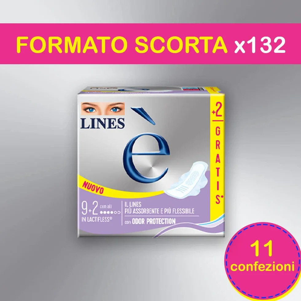 LINES È GIORNO con ali, Pacco scorta da 132 assorbenti per ciclo mestruale, l'unico con struttura in Lactifless, il più assorbente e flessibile della gamma Lines, con Odor Protection