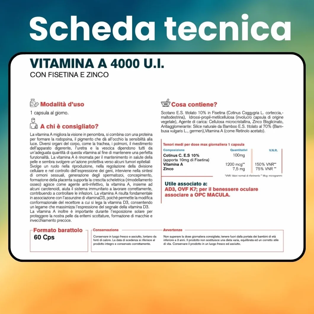 OVF Vitamina A Pura con Fisetina e Zinco - 60 Capsule con 4000 U.I. per dose giornaliera - Supporto alla Vista e al Sistema Immunitario - Vitamina A da Retinolo