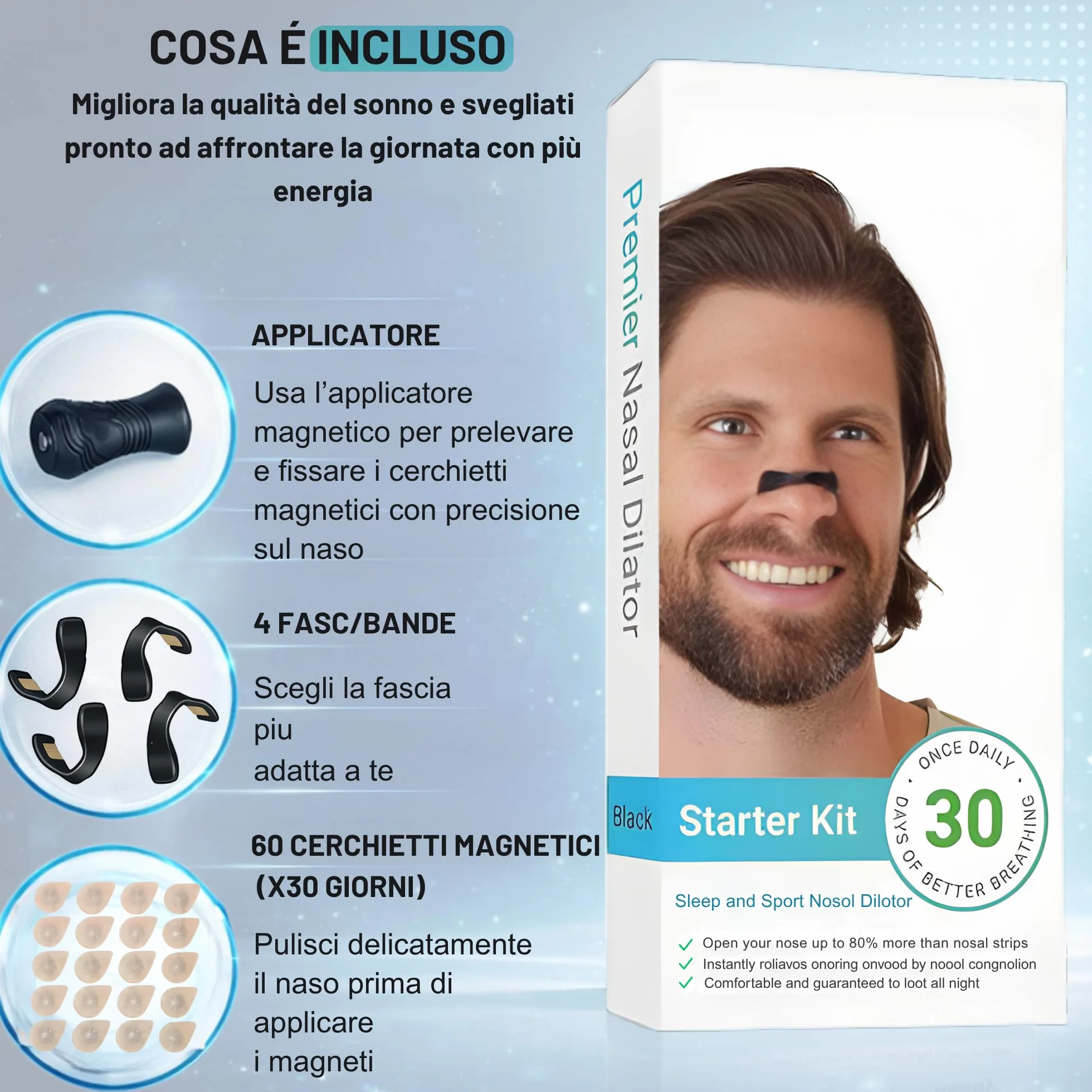 Cerotti Nasali Magnetici Antirussamento 60 Pezzi Extra Forti Riutilizzabili per Sonno e Sport