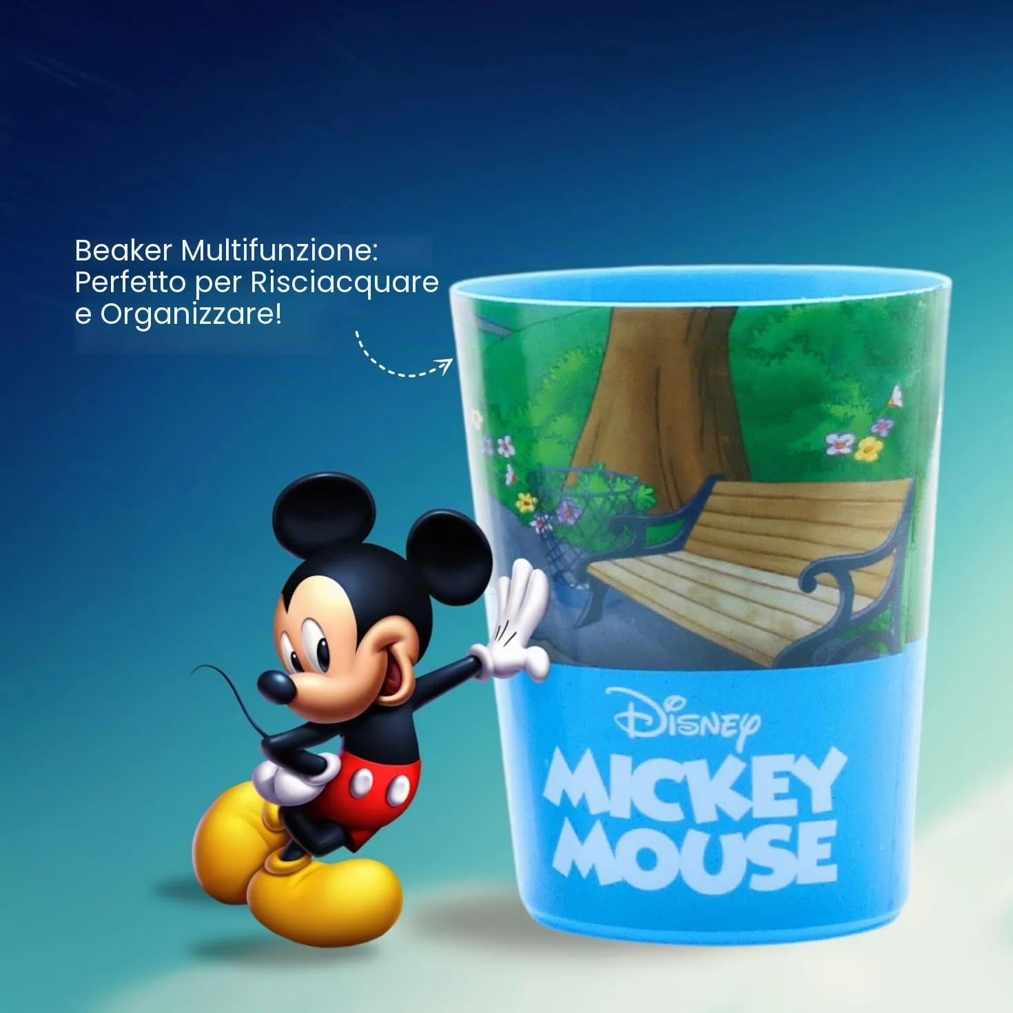 Mickey Mouse - Set di sacchetti per bambini, adatto ai viaggi, con spazzolino manuale con ventosa, tappo da viaggio, dentifricio al gusto di menta delicata per bambini da 75 ml e bicchiere Mr. White