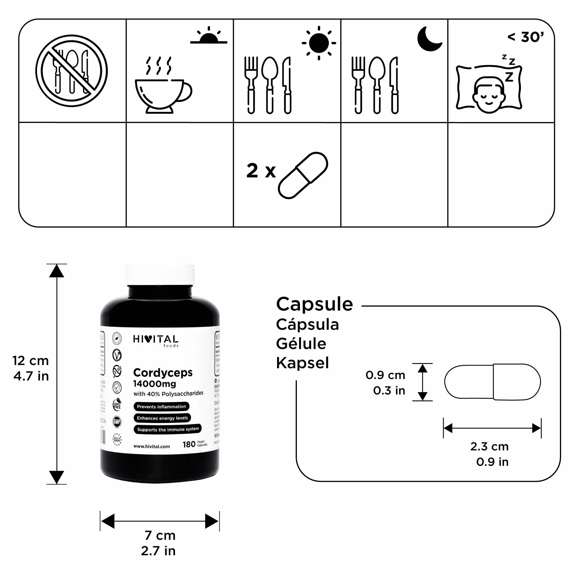 Cordyceps 14000 mg. 180 capsule vegane per 3 mesi di trattamento. Cordyceps Sinensis CS-4 con 40% di Polisaccaridi. Estratto Naturale di fungo. Prodotto in Europa da HIVITAL