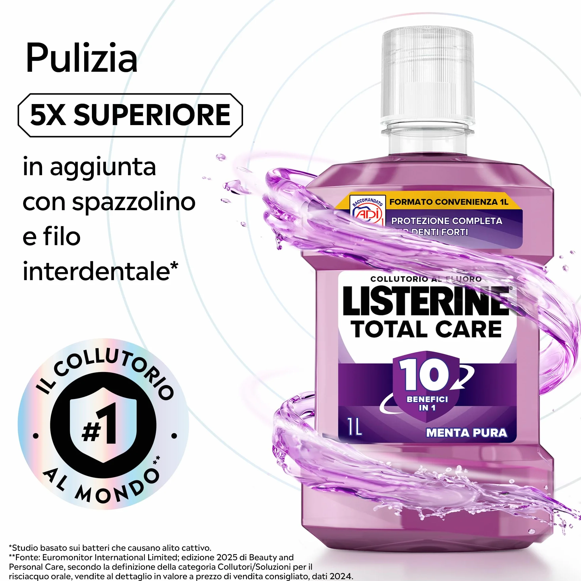 LISTERINE Total Care Collutorio al Fluoro Menta Pura 1L 10 benefici in 1