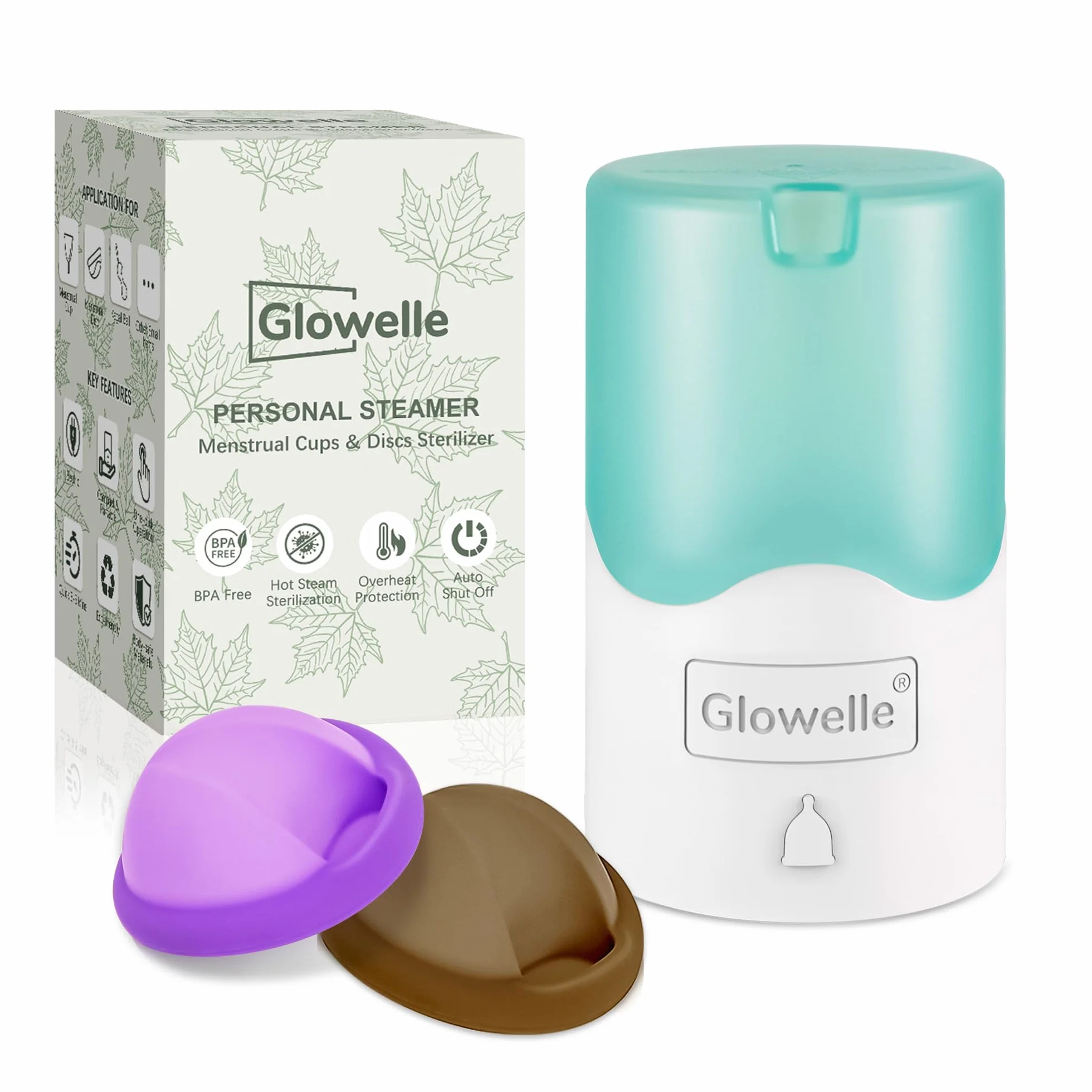 GLOWELLE Set Disco Menstruale e Sterilizzatore, Mini Pulitore a Vapore per Disco/Coppa con 2 Dischi Menstruali Riutilizzabili Morbidi, Alternativa a Tampone, Salvaslip e Coppa per Donne