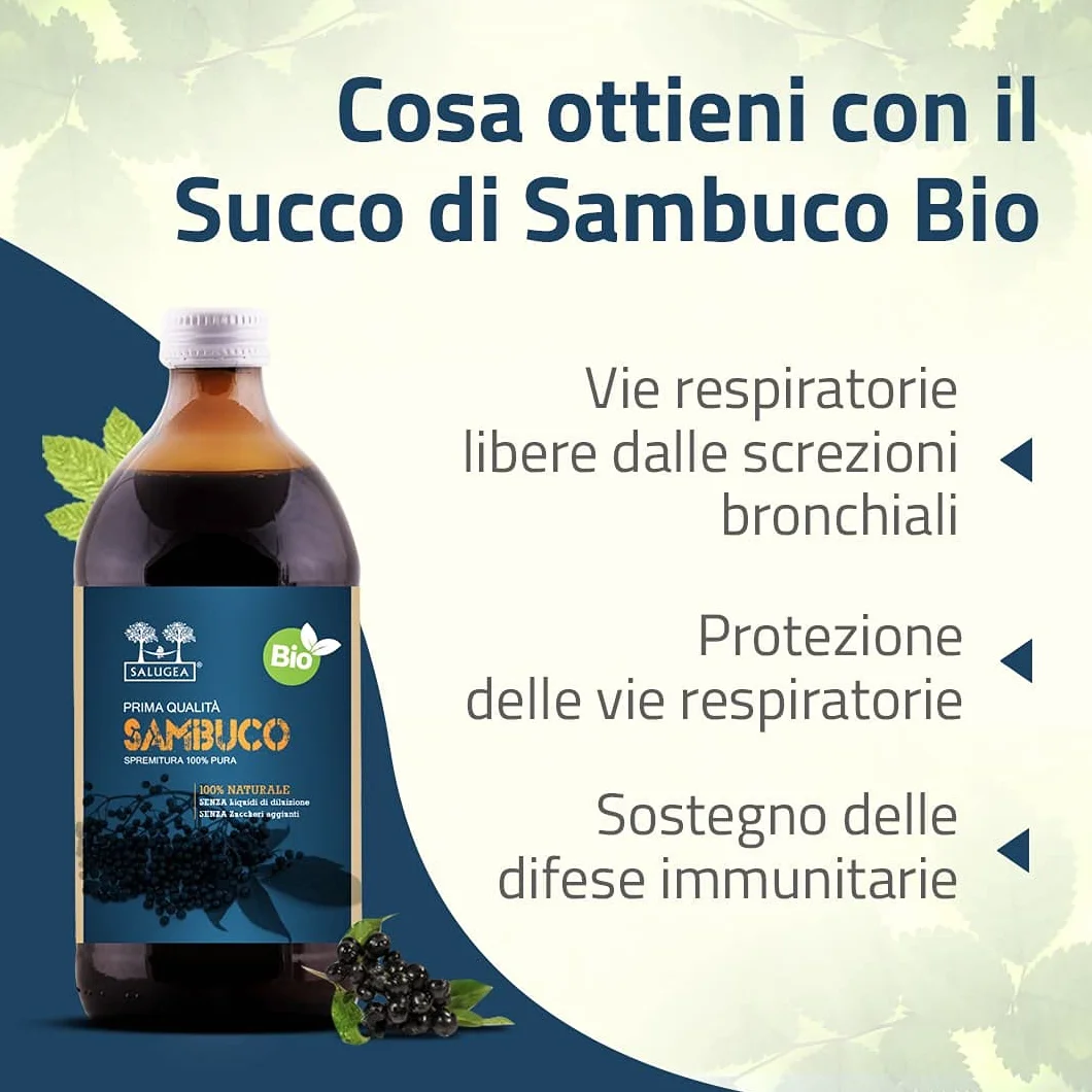SUCCO DI SAMBUCO BIO Salugea - 100% Puro e Biologico - Integratore Fluidificante per le Vie Respiratorie, Antiossidante, Diuretico e Depurante - Flacone in Vetro Scuro - 500 ml