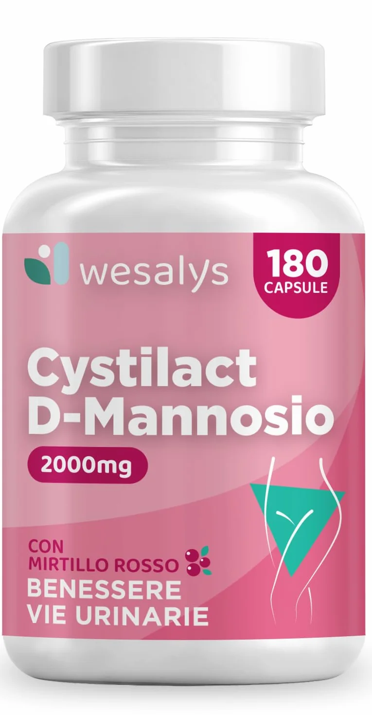 CYSTILACT® D Mannosio Puro 2000mg 180 Capsule con Mirtillo Rosso, Probiotici ed Acido Ialuronico per le Vie Urinarie
