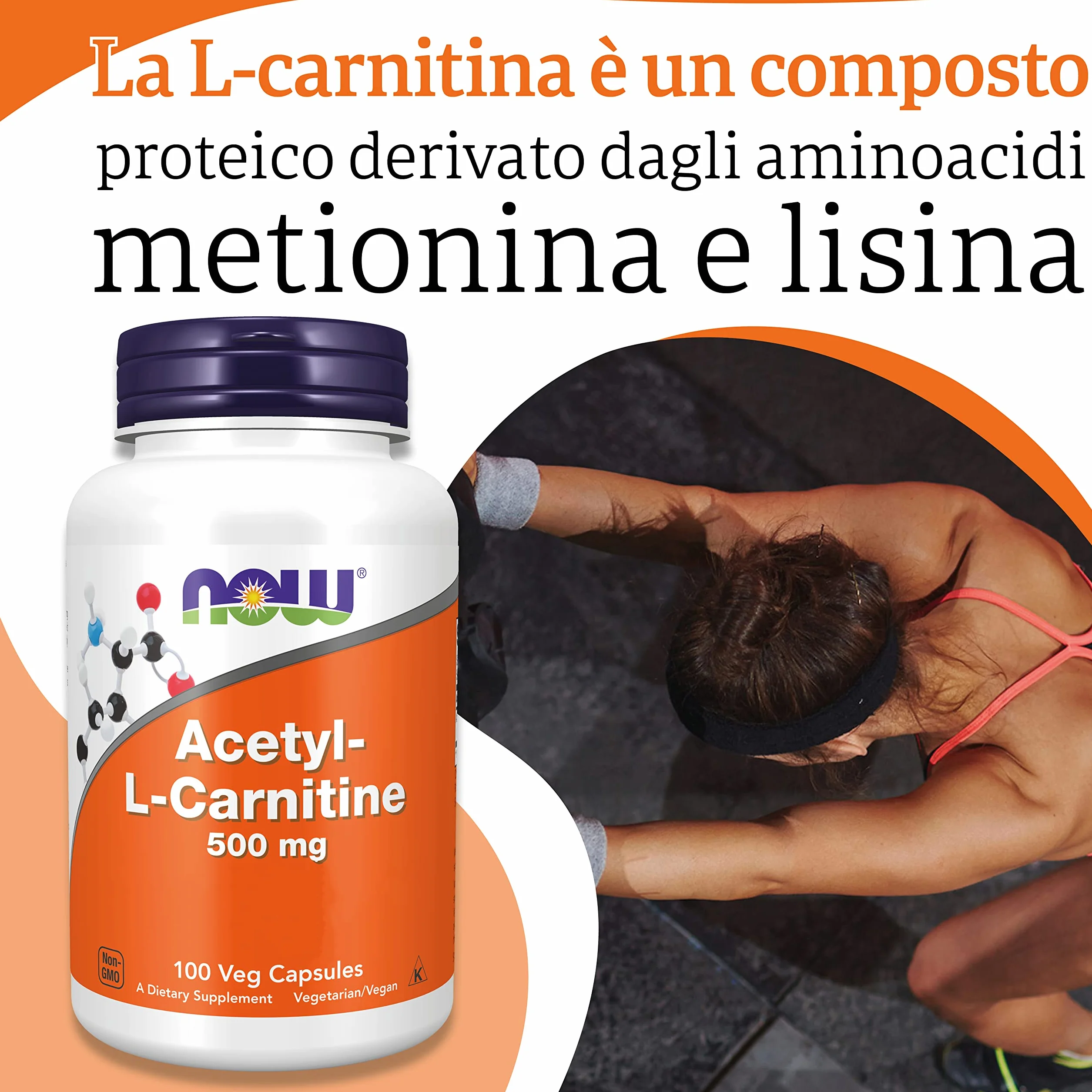 Now Foods Acetyl-L-Carnitine 500 mg 100 Capsule Vegane Aminoacido