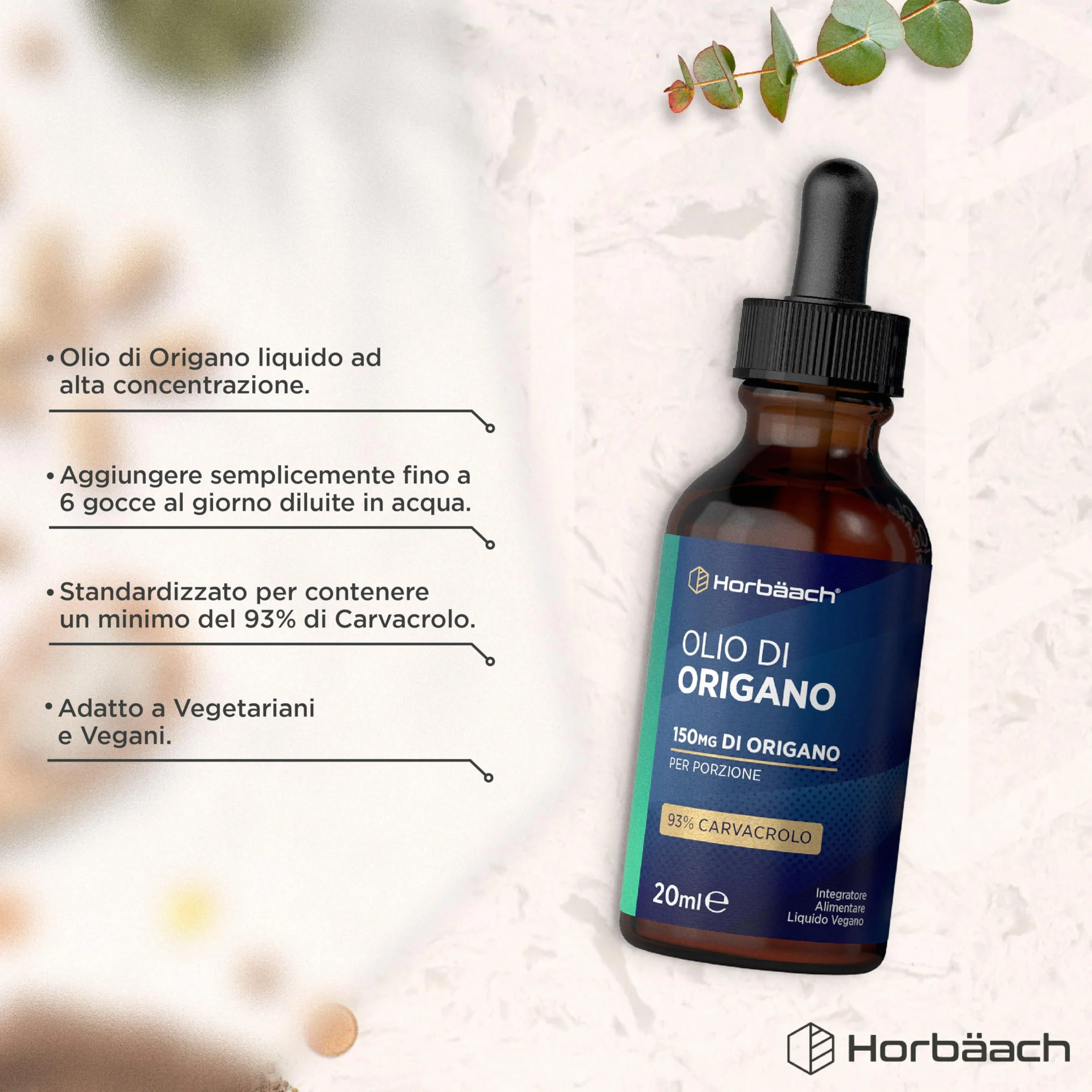 Olio di Origano Gocce 100% Puro Alto dosaggio Carvacrolo 20 ml Vegano Horbaach