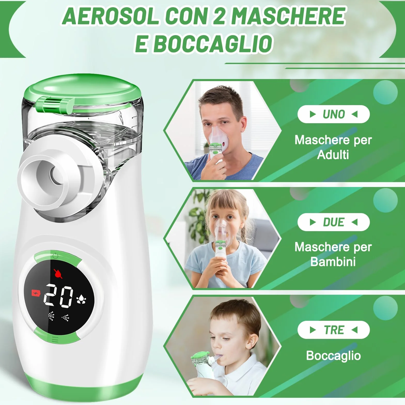 Wholede Aerosol Portatile Silenzioso Digitaler Ricaricabile Nebulizzatore per Adulti e Bambini Verde