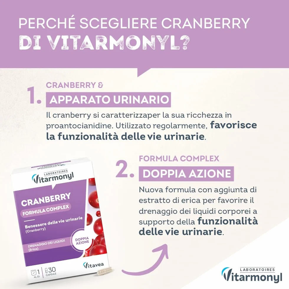 Vitarmonyl Nuova Formula Cranberry Integratore Vie Urinarie Alta Concentrazione 1 Capsula Mirtillo Rosso Erica Cistite 1 Mese