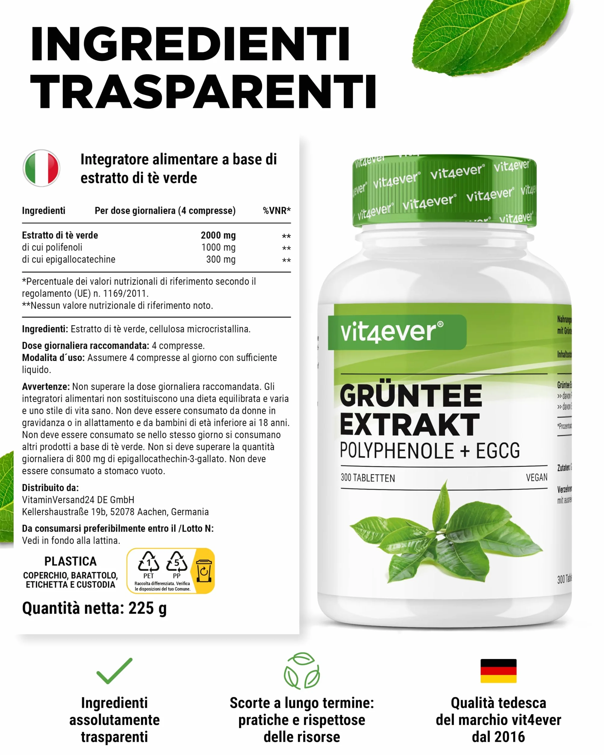Estratto di Tè Verde 300 Compresse - Alto Dosaggio con 2000 mg di Estratto di Tè Verde, 300 mg di EGCG e 1000 mg di Polifenoli per Dose giornaliera - Green Tea - Vegano - Senza additivi inutili