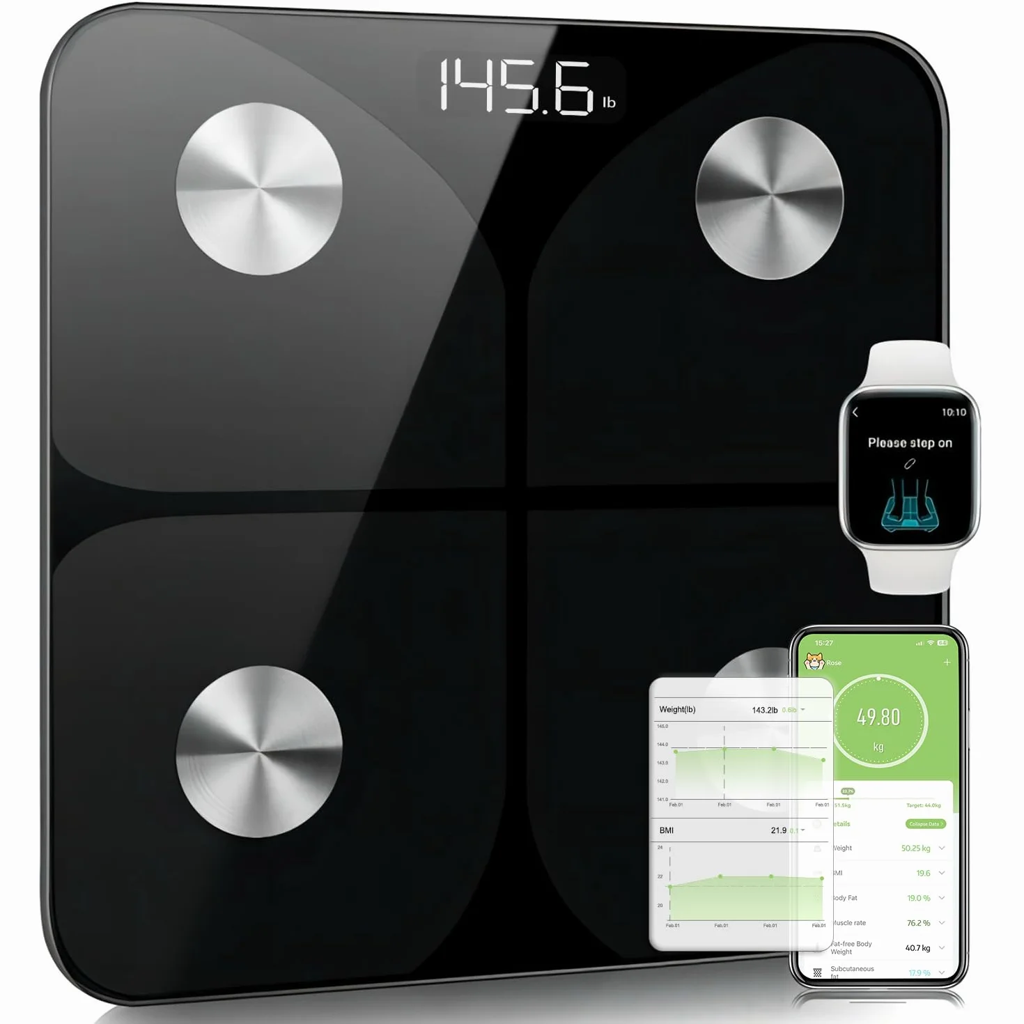 Bilancia Pesapersone Digitale Professionale Impedenziometrica Senza Fili Intelligente per iOS & Android 13 Indici 26x26cm Nero