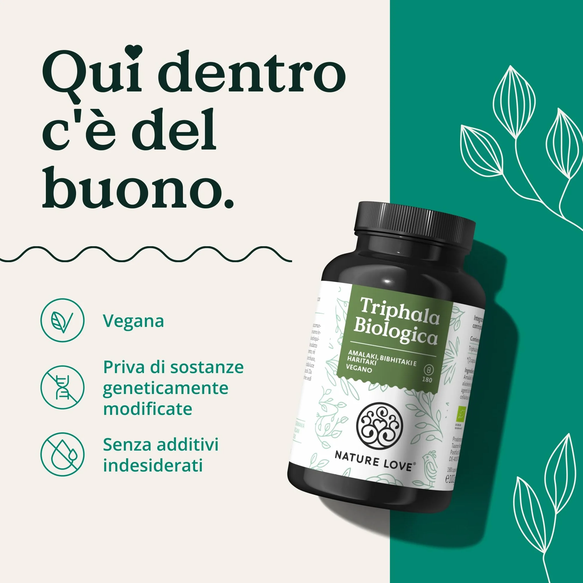 NATURE LOVE® Triphala Organic - Alto Dosaggio con 500 mg per Capsula - 180 Capsule - Materia Prima di Qualità dall'India - Testata in Laboratorio e Certificata Biologica, Prodotta in Germania