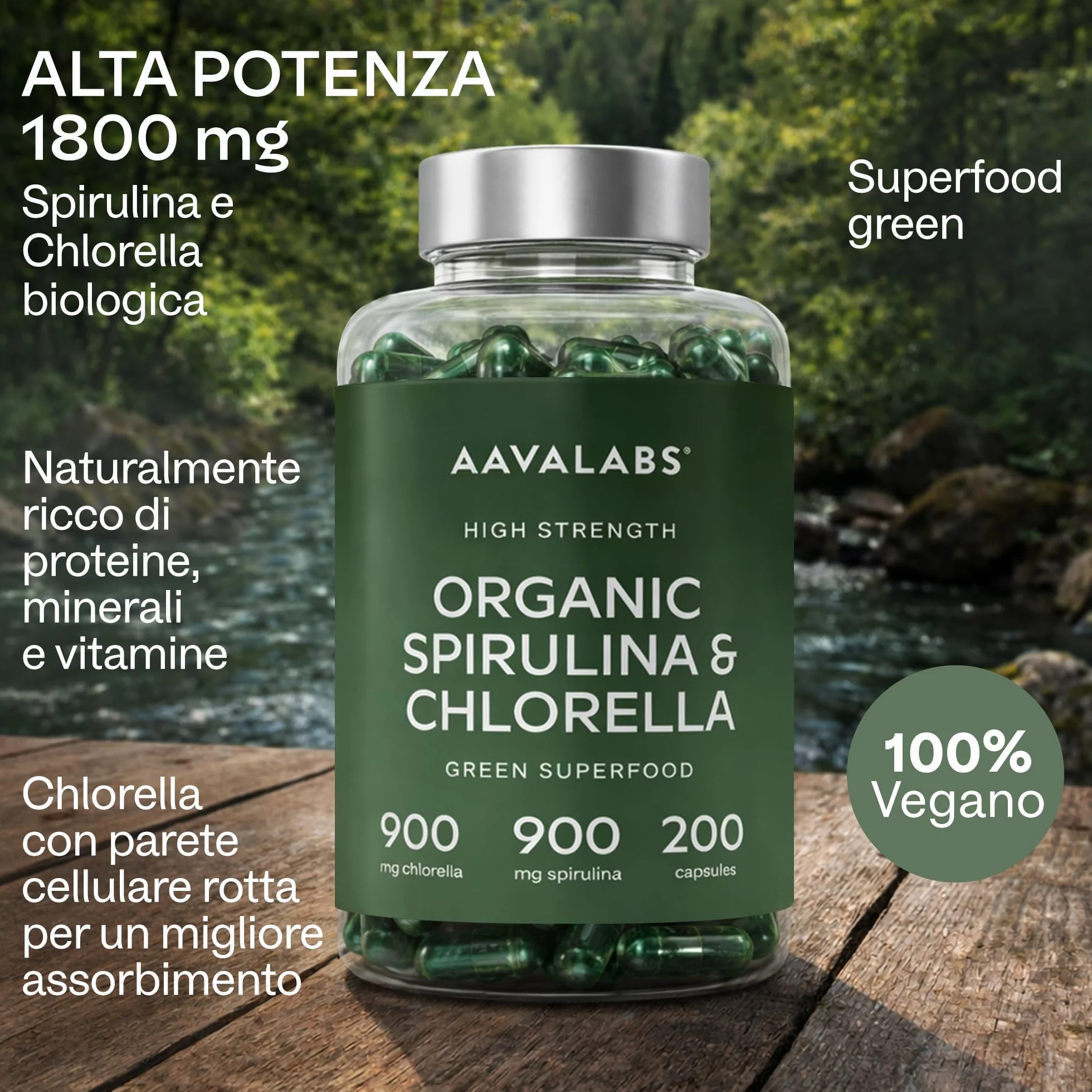AAVALABS Spirulina & Chlorella Bio 1800 mg 200 Capsule Vegan