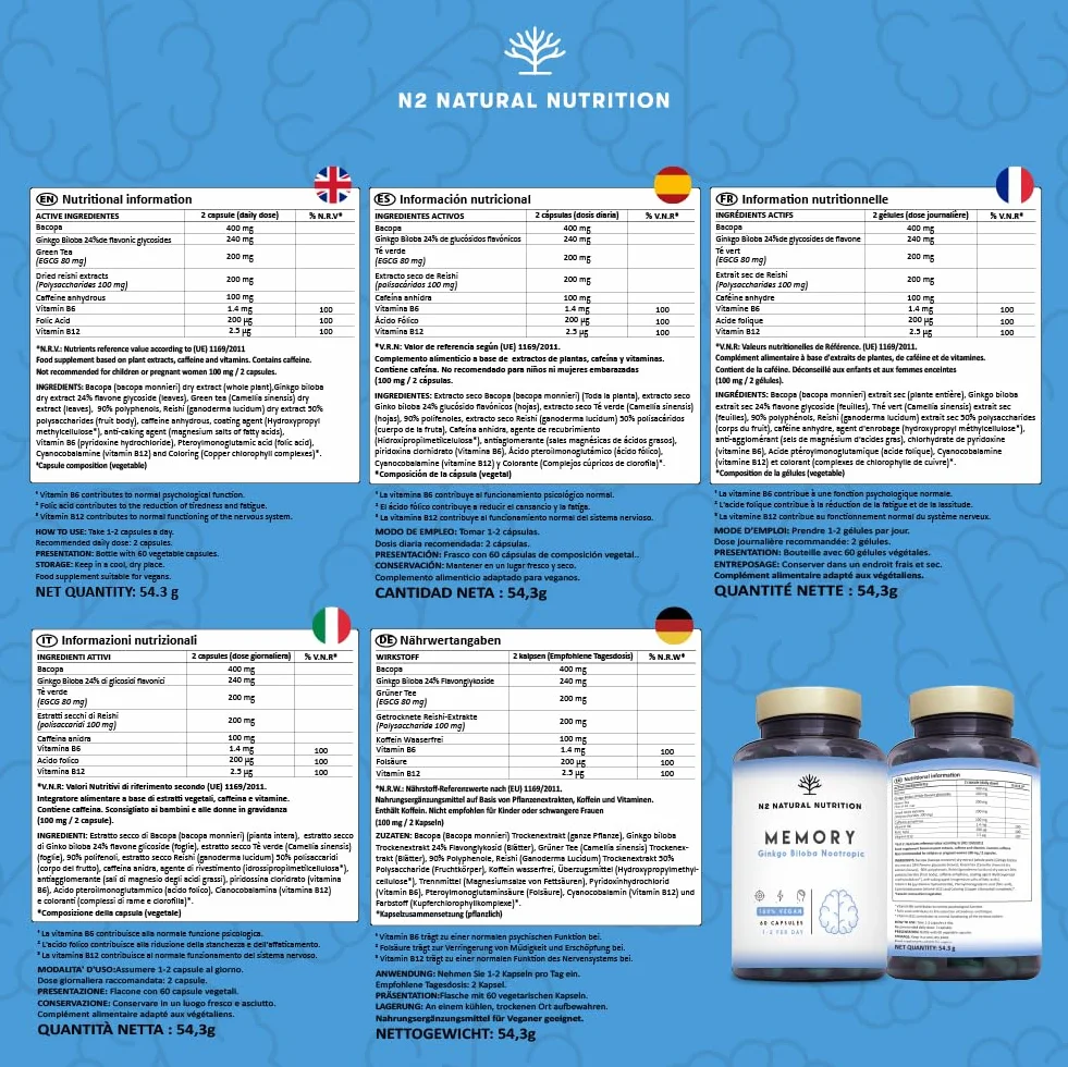 N2 Natural Nutrition Nootropico Naturale Ginkgo Biloba 1140mg Caffeina Bacopa Monnieri Integratore Concentrazione Memoria Vitamine Vegan 60 capsule