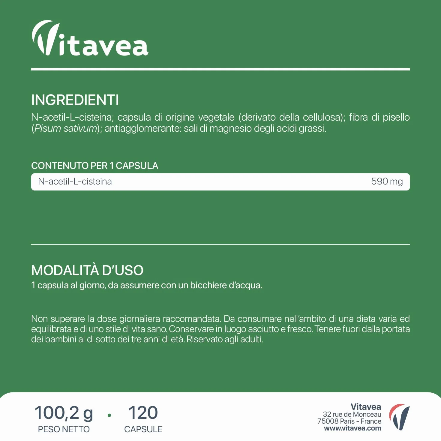NAC N-acetil-L-cisteina 590 mg 120 capsule vegane Supporto glutatione antiossidante Vitavea