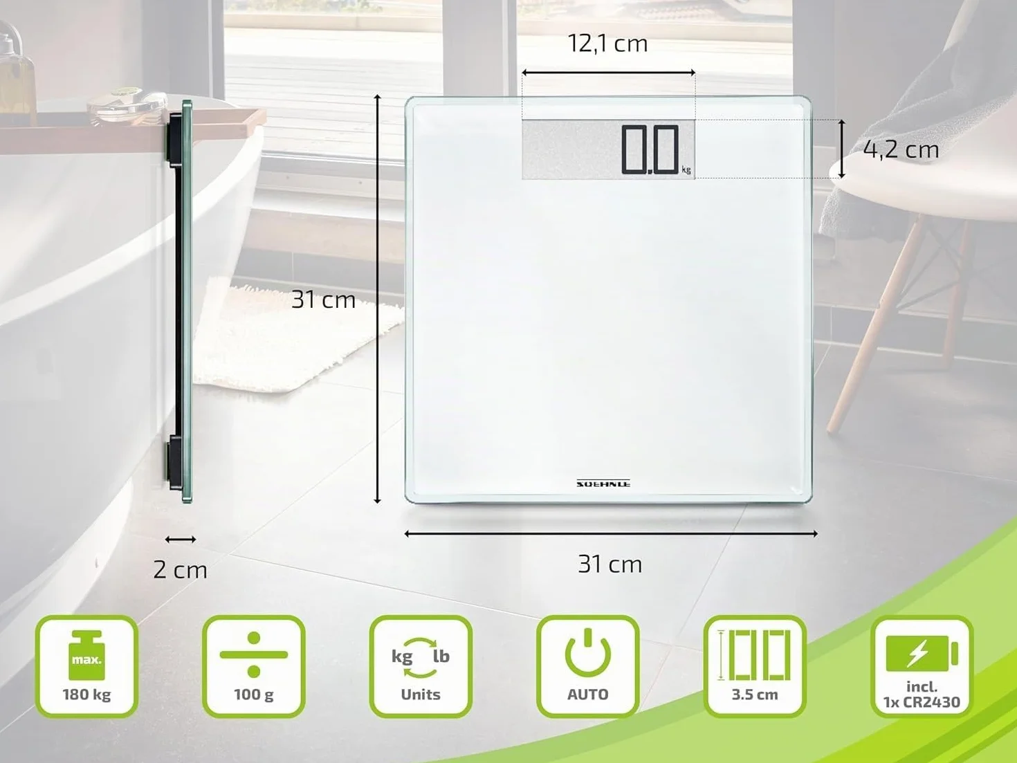 Soehnle Style Sense Comfort 100 Bilancia Pesapersone, LCD, 180kg, Bianca, 35x34.5x3.5 cm