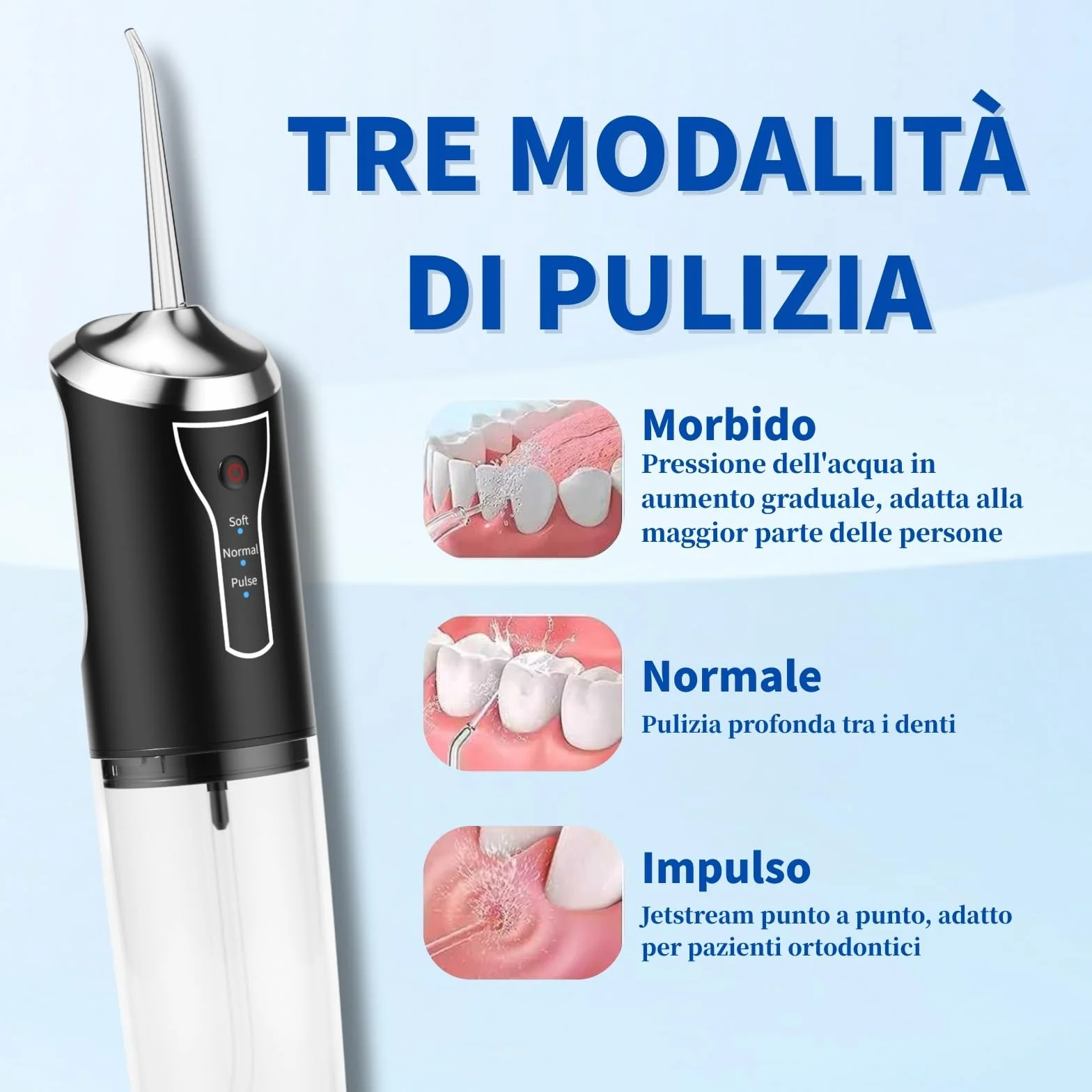 Idropulsore Dentale Portatile Denti, Water Flosser, Scovolino Denti, Irrigatore Orale 4 Modalità e 3 Intensità, Serbatoio da 230ml, Wasserdicht und Wiederaufladbar per Viaggi e Casa