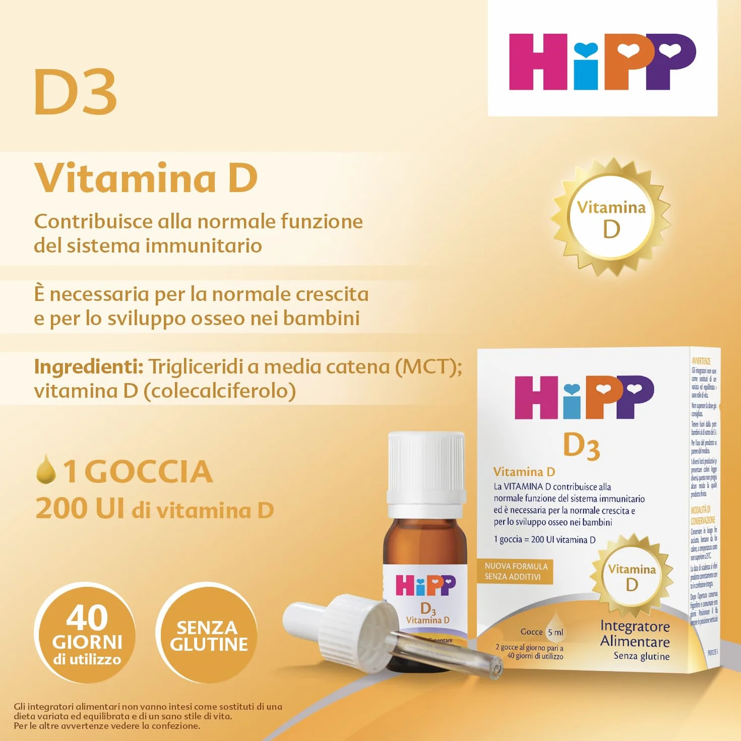 HiPP- HiPP D3, Vitamina D3, Integratore Alimentare, Bambini, in Gocce, Flacone 5 ml, con Pratica Pipetta Contagocce, Senza Glutine, Senza Additivi
