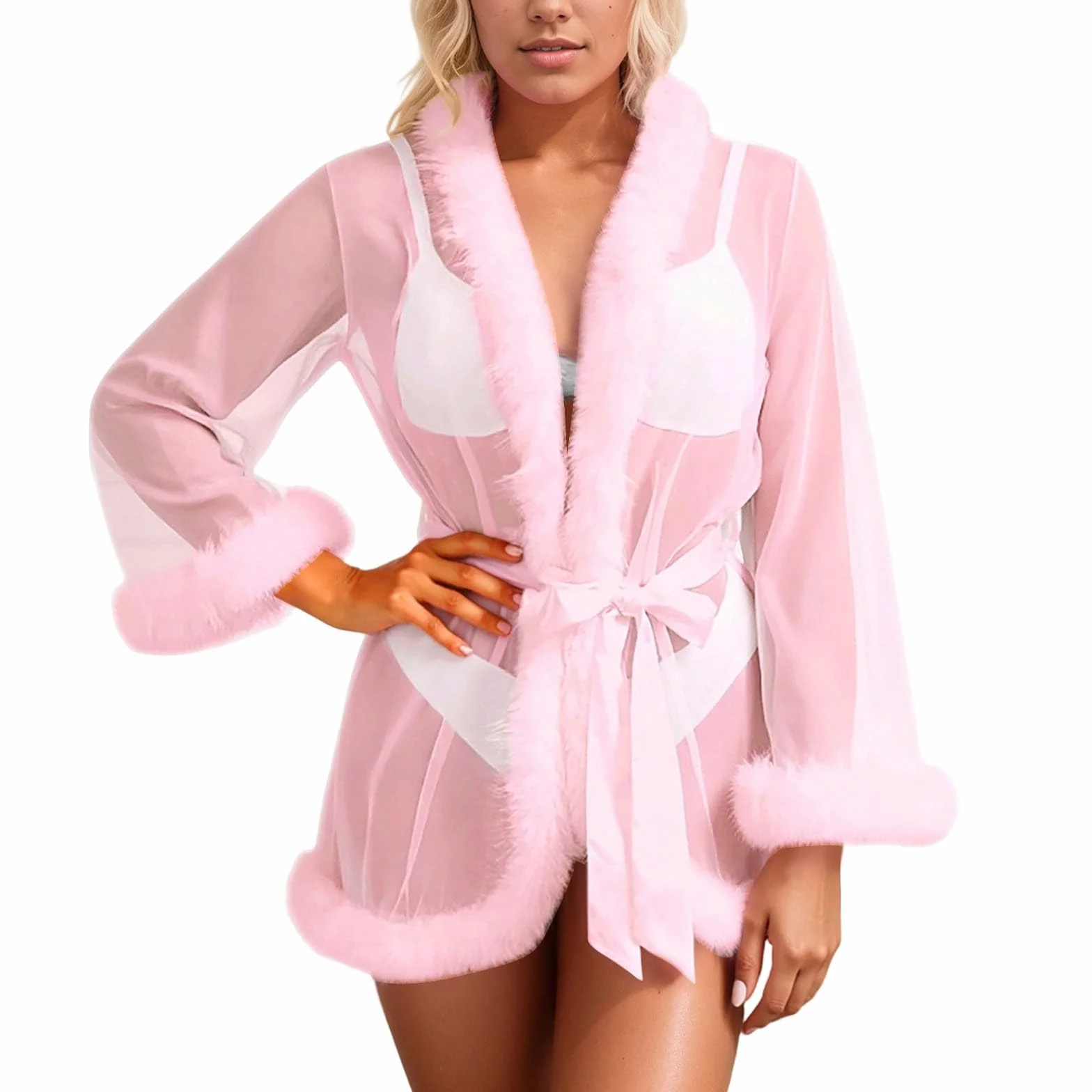 Vestaglia da donna in chiffon trasparente kimono corto con bordo in pelliccia e cintura