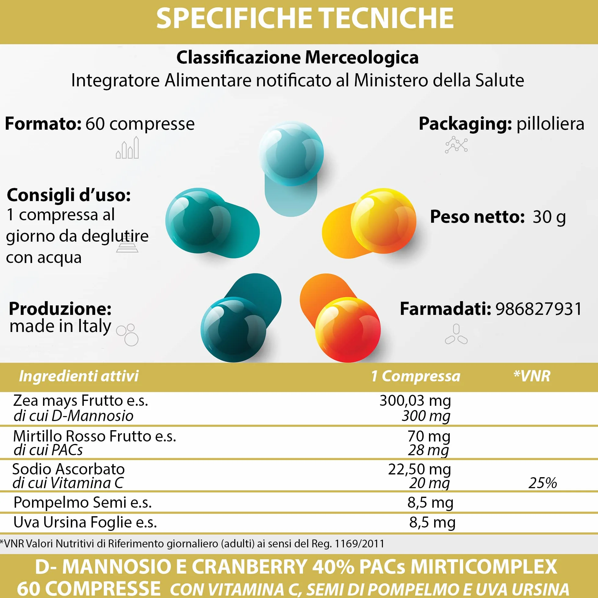 D - Mannosio e Cranberry 40% PAC Mirti Complex con Semi di Pompelmo, Uva Ursina e Vitamina C | 60 compresse 1 al dì | Mirtillo Rosso ad Alto Dosaggio