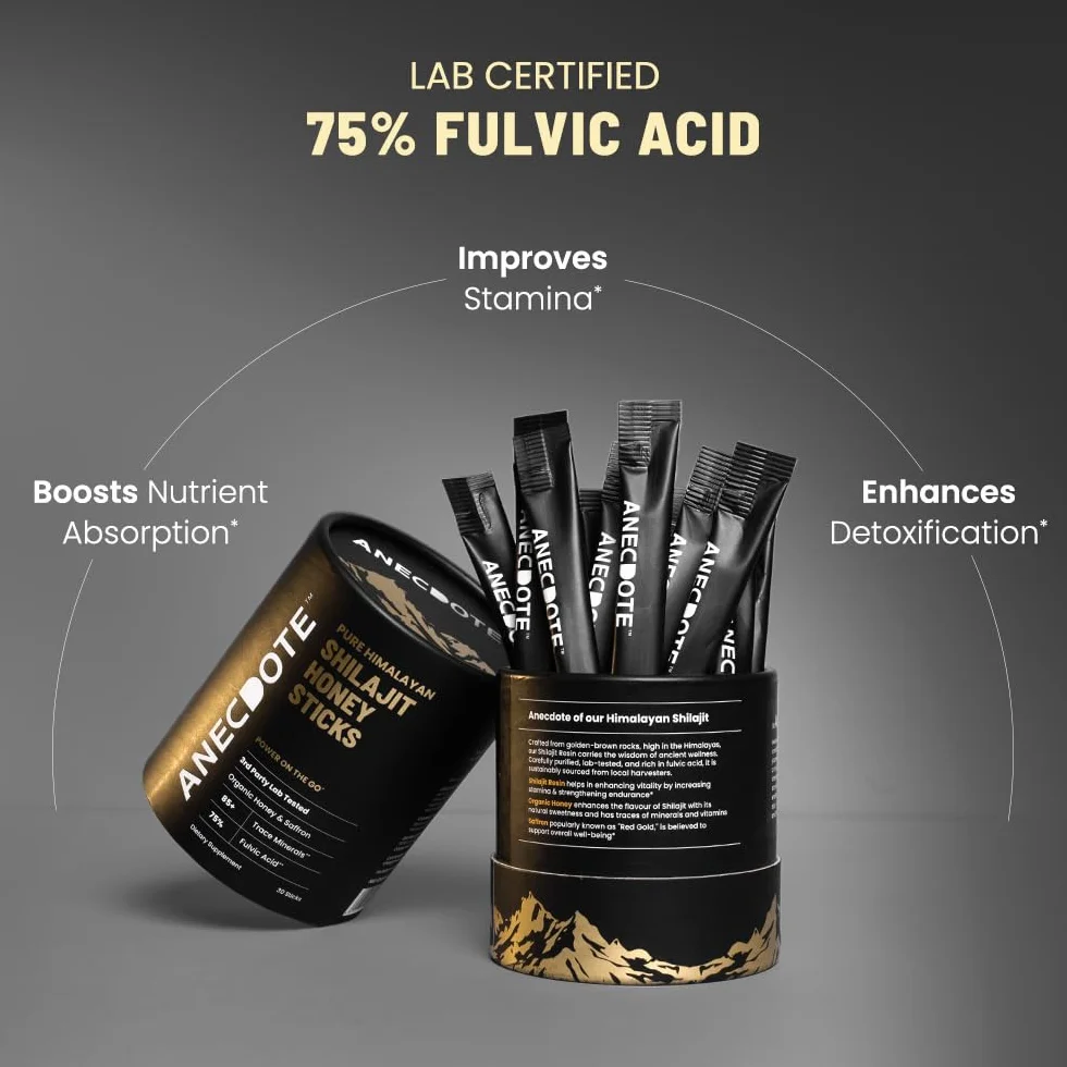 Anecdote Bastoncini di miele shilajit himalayano puro con miele e zafferano biologici | Aumenta la resistenza | Supporta l'immunità | 75% di acido fulvico, 85+ minerali traccia | Senza zucchero