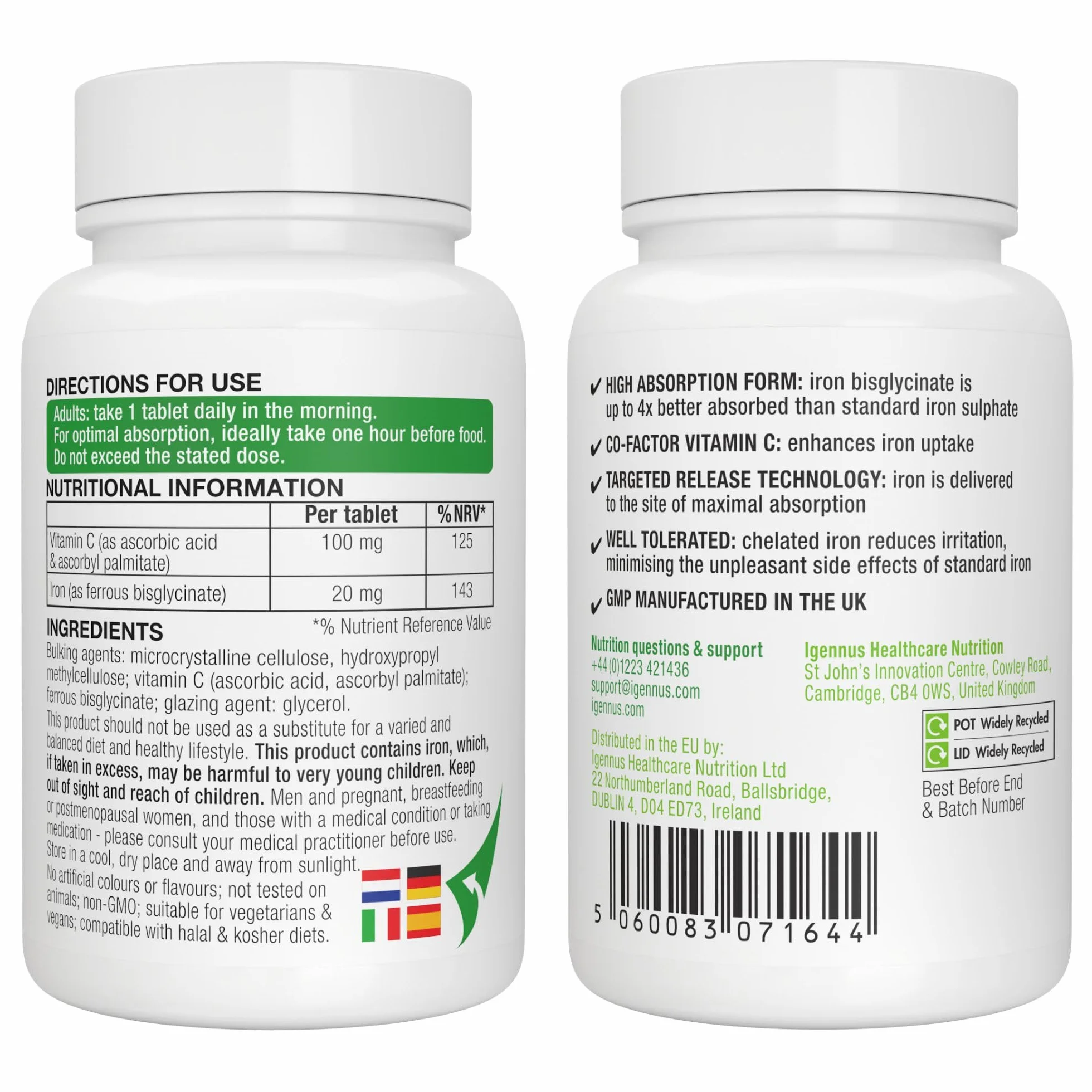 Igennus Ferro Bisglicinato 20mg con Vitamina C 100mg, Alto Assorbimento e Rilascio Mirato, Delicato sullo Stomaco, Integratore Ferro per Stanchezza, Ingredienti Puri, 180 Compresse Vegane, 1 al giorno