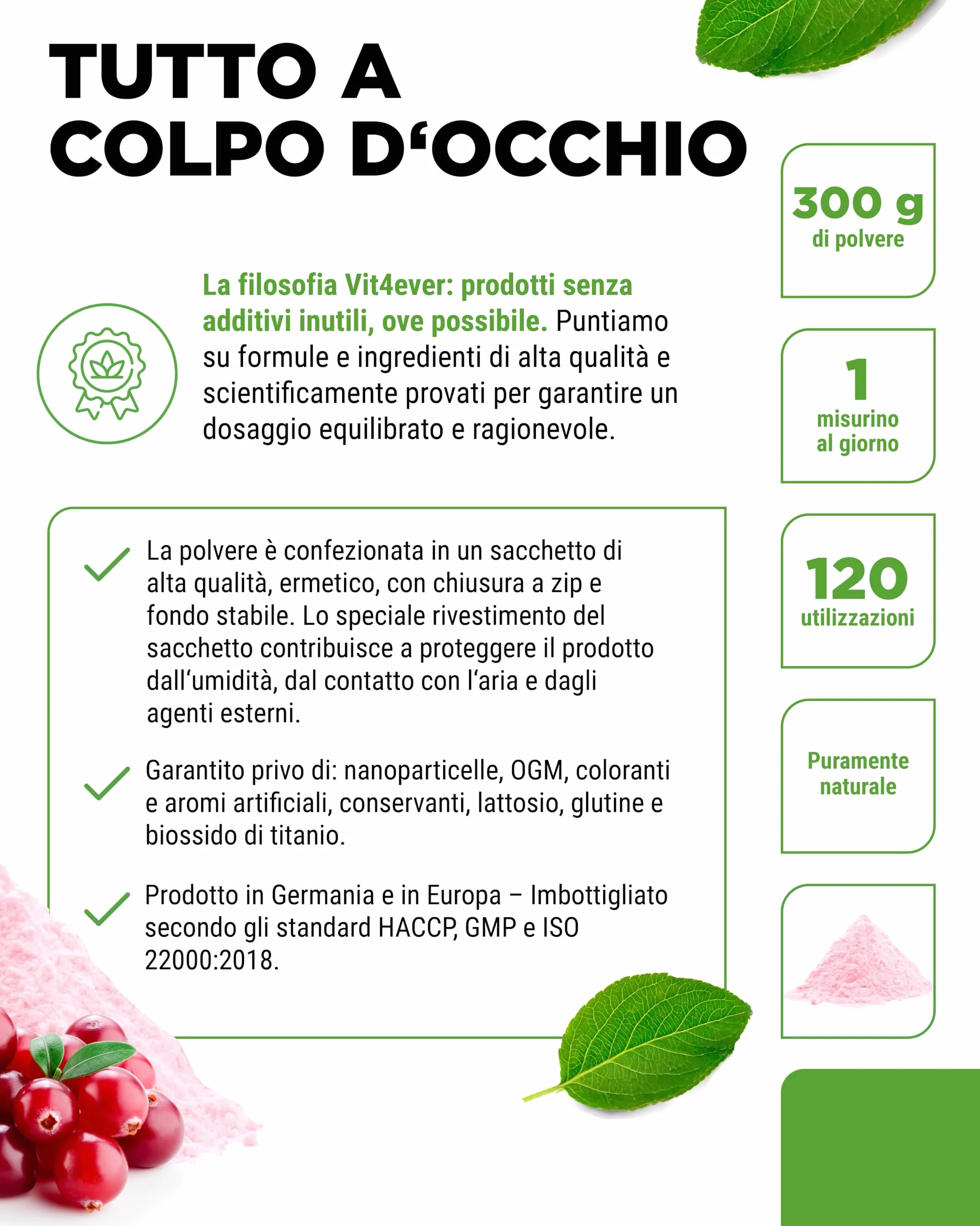 Vit4ever D-Mannosio in Polvere con Cranberry 2000 mg + 500 mg - 300 g - 120 Applicazioni - Vegano
