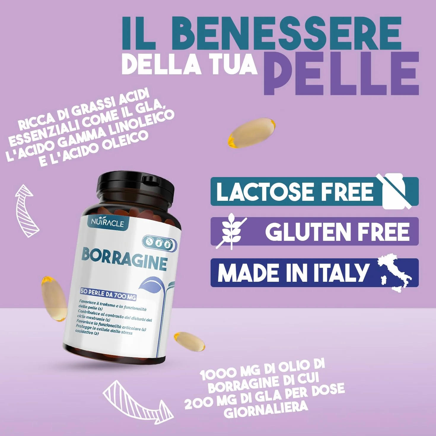 Nutracle Olio di Borragine perle 700 mg Integratore pelle capelli GLA 20% Omega 6 ciclo mestruale acne 50 perle