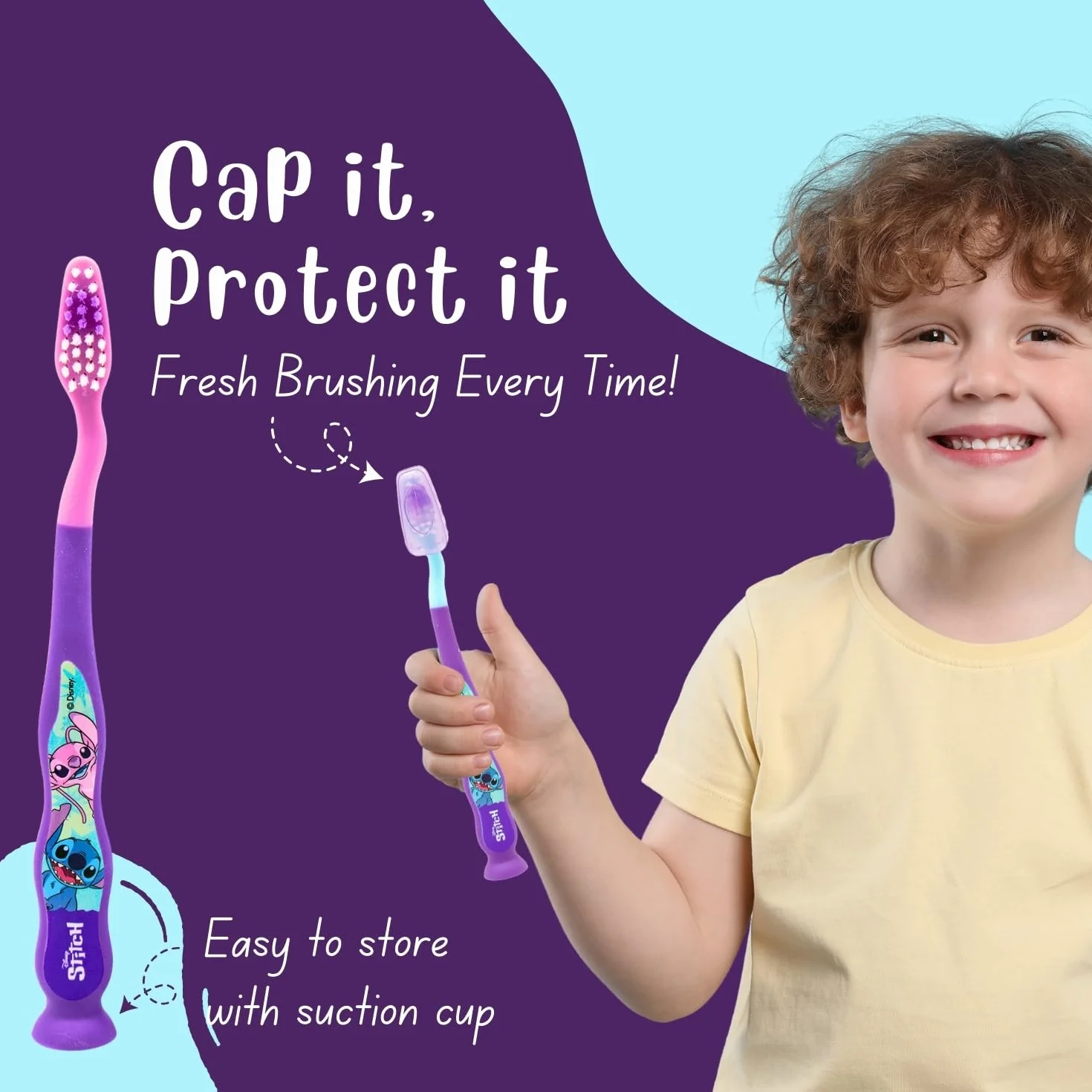 Spazzolino da denti piccoli Disney Stitch per bambini con cappuccio di protezione, setole morbide arrotondate, impugnatura comoda e ventosa per riporre in posizione verticale, per bambini dai 3 anni