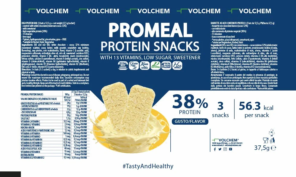 Volchem Promeal Protein Snacks 38, Snack Proteico al 38% di Proteine, con Vitamine, Senza Grassi Idrogenati, Conservanti e con Pochi Zuccheri (Cookie)