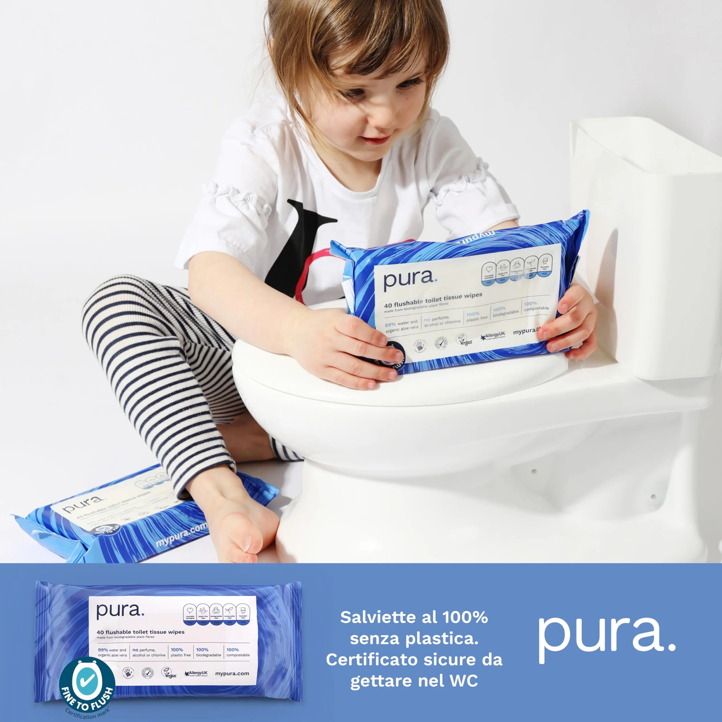 Pura Carta Igienica Umidificata 40 Salviette per Pelle Sensibile Biodegradabili Fine to Flush