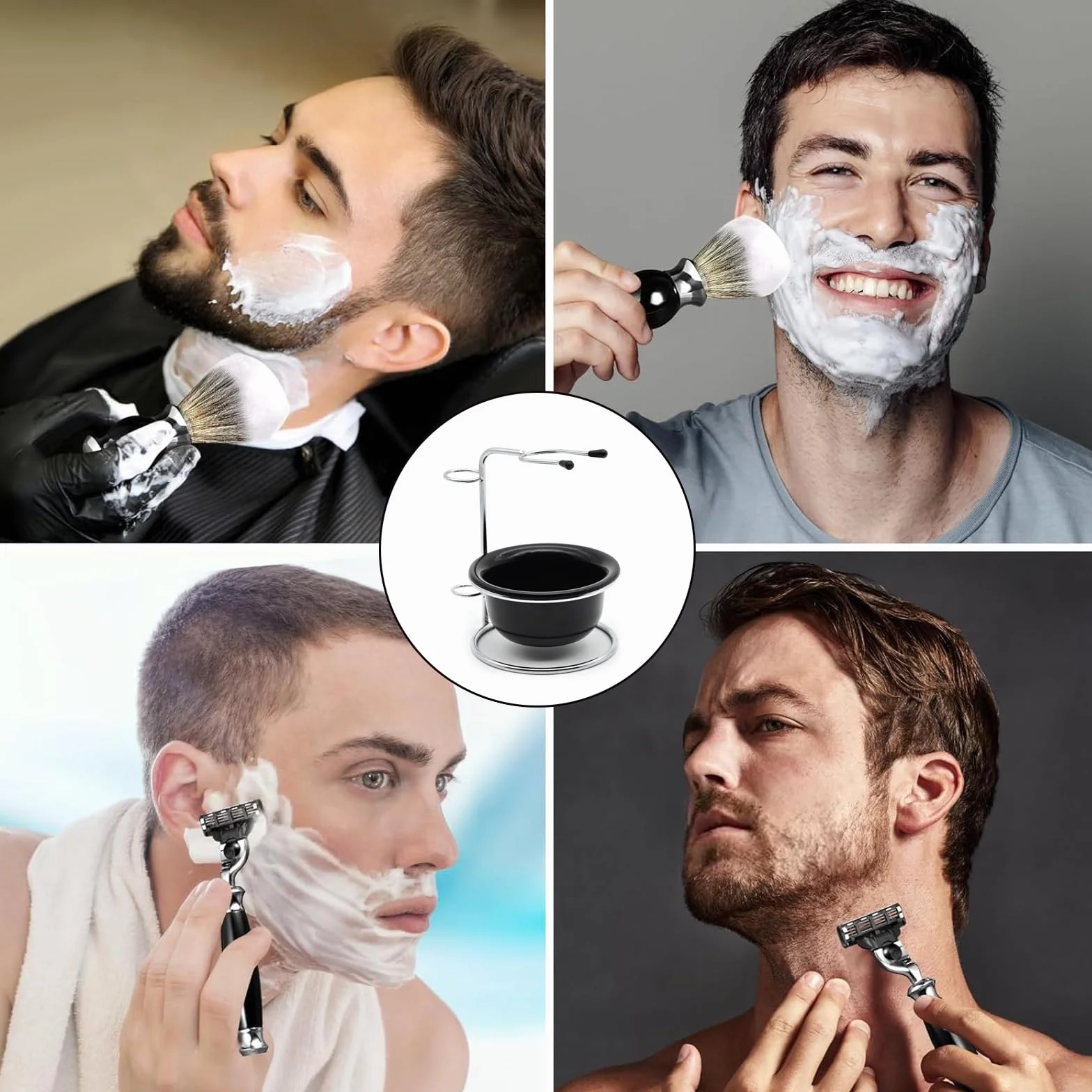 Set da barba da uomo, universale, supporto per pennelli da barba, in acciaio inox, resistente, supporto per rasatura di sicurezza, per rasoi manuali, pennello da barba