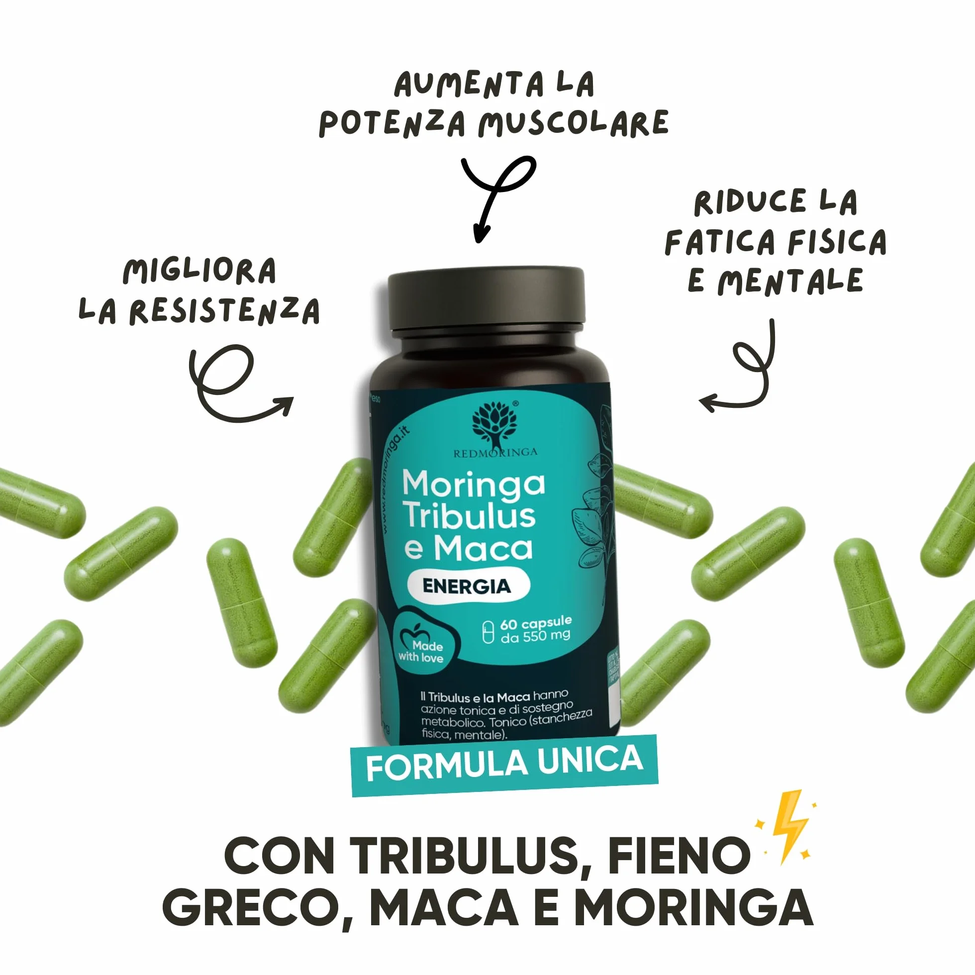 Tribulus Terrestris 90% Saponine Maca Fieno Greco Integratore Energia Booster Moringa BIO Massa Muscolare 60 Capsule RedMoringa®