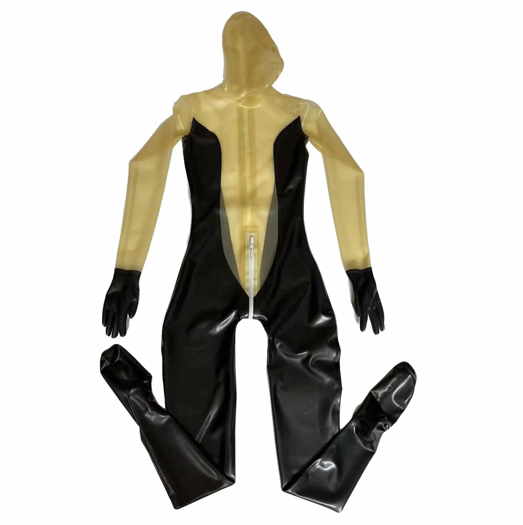 Tuta nera trasparente in lattice di gomma Catsuit Fetish con cerniera posteriore
