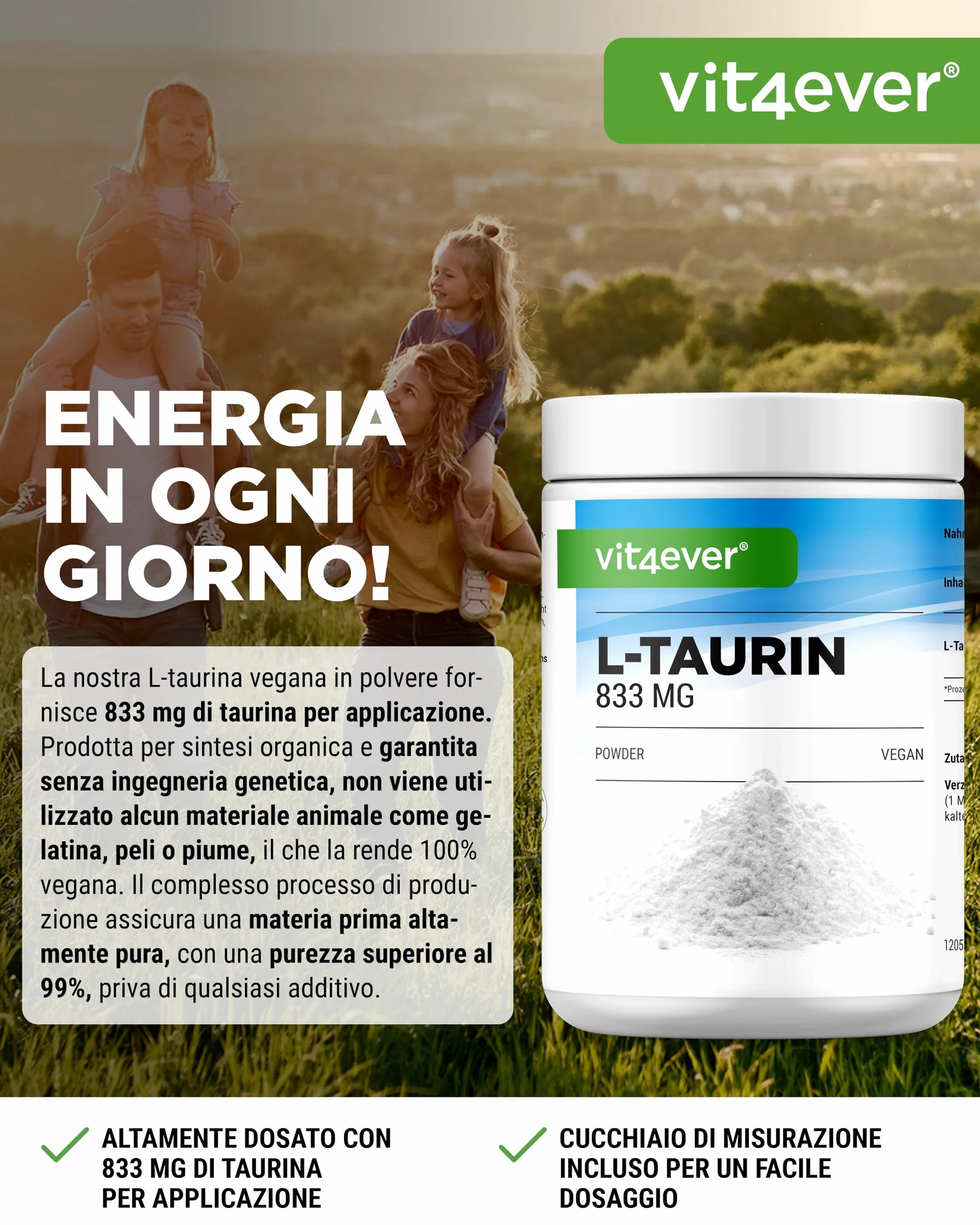 Taurina in polvere - 1000g (1kg) - Solubilità ottimale - Vegan - 99% di purezza - Qualità Premium testata in laboratorio - L-Taurina Aminoacido