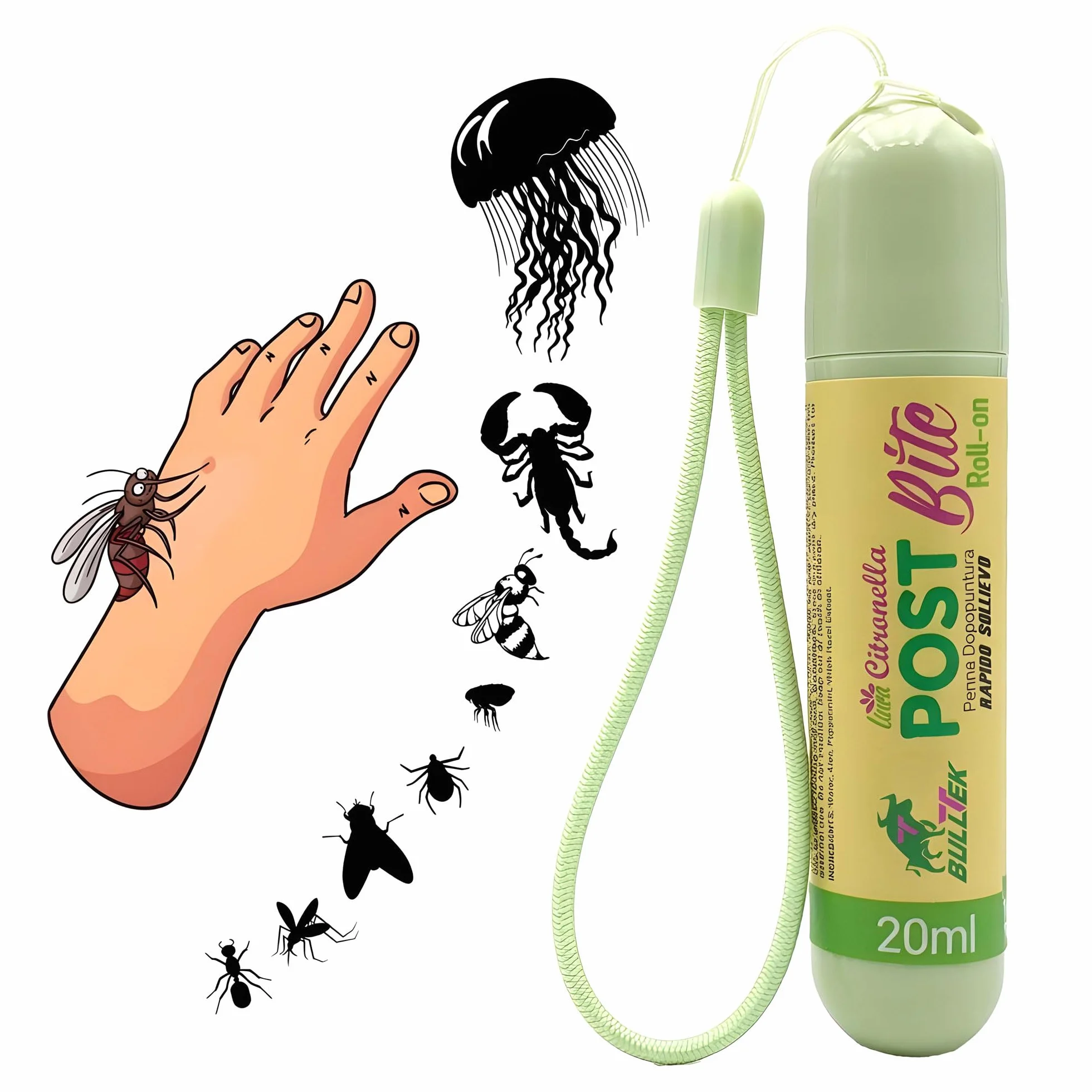 Penna Roll-On Dopopuntura Naturale - Sollievo Immediato da Prurito e Rossore per Punture di Zanzare, Vespe, Api, Zecche, Pulci, Meduse - Aloe, Menta e Citronella (20 ML)