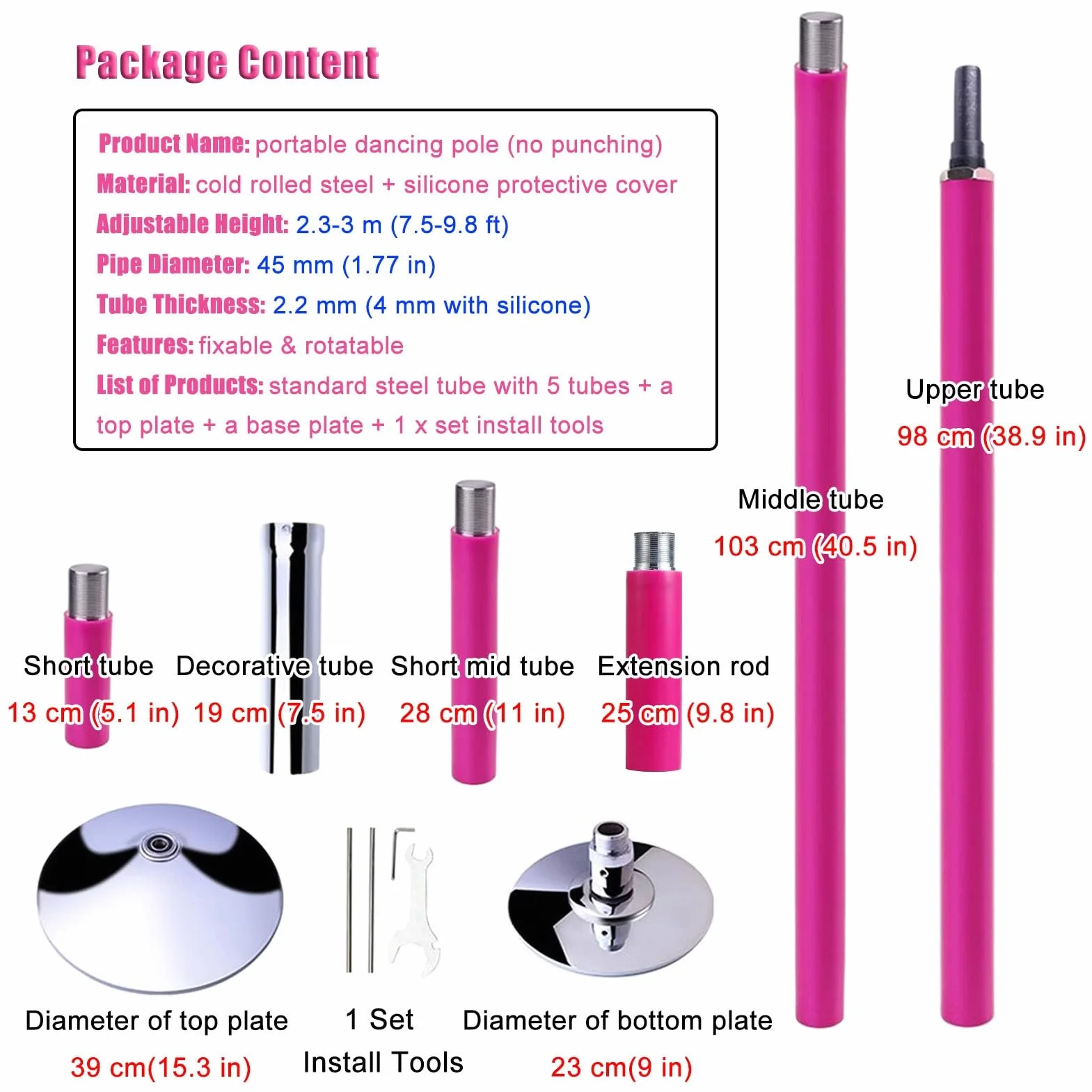Kit pole dance portatile spinning e statico, silicone, autoportante, regolabile, 2,3-3 m