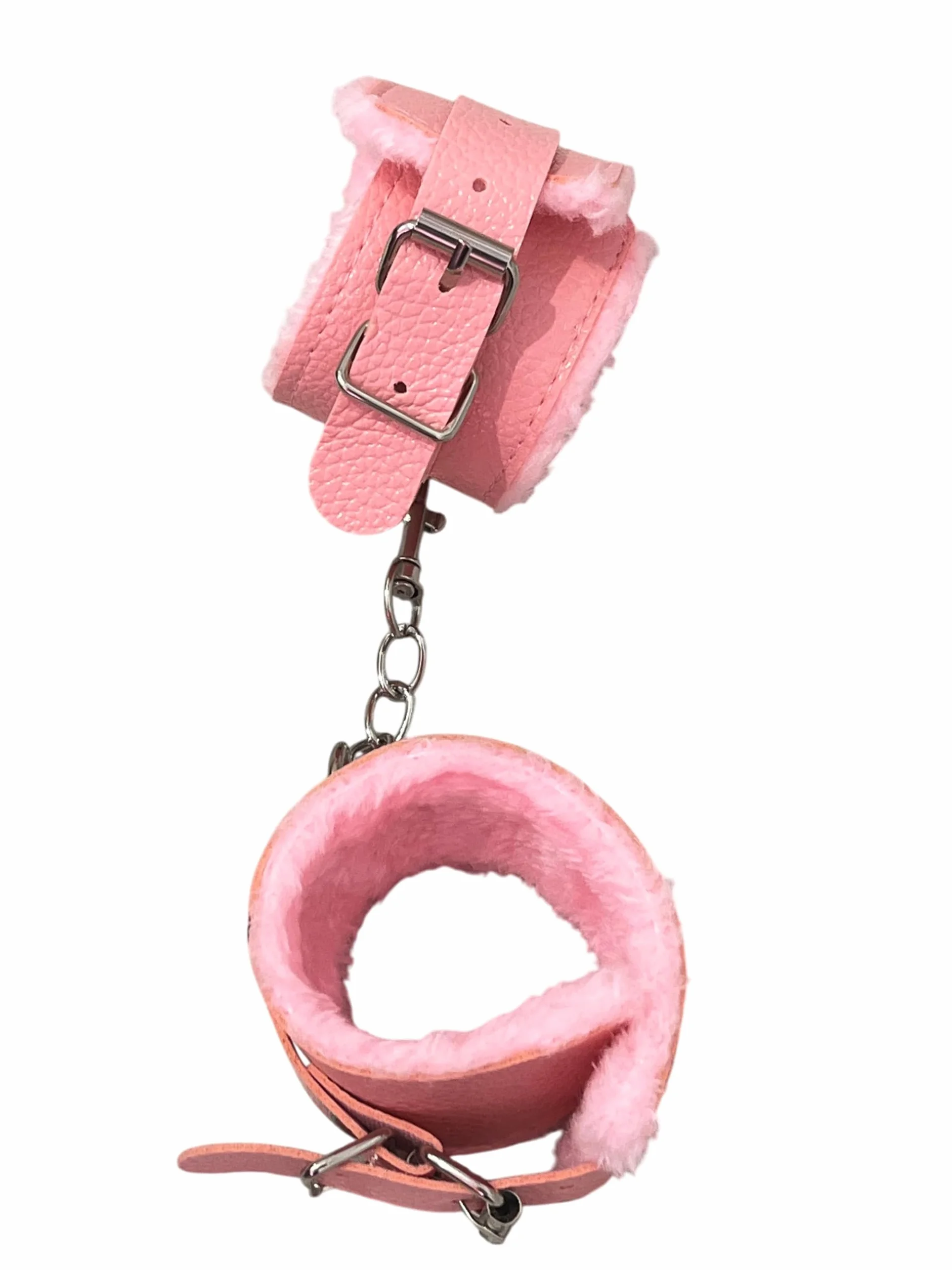 Manette in Pelle con Peluche Rosa e Moschettone - Polsiere in Ecopelle - Manette Pelose Finte Giocattolo