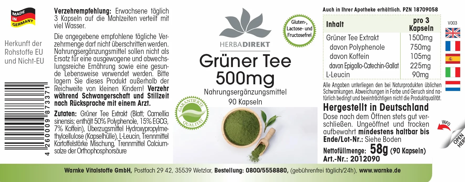 Estratto di tè verde - 90 capsule - 1500mg per dose giornaliera - EGCG - Camellia sinensis - min. 50% di polifenoli - vegano | HERBADIREKT by Warnke Vitalstoffe - Qualità farmaceutica tedesca