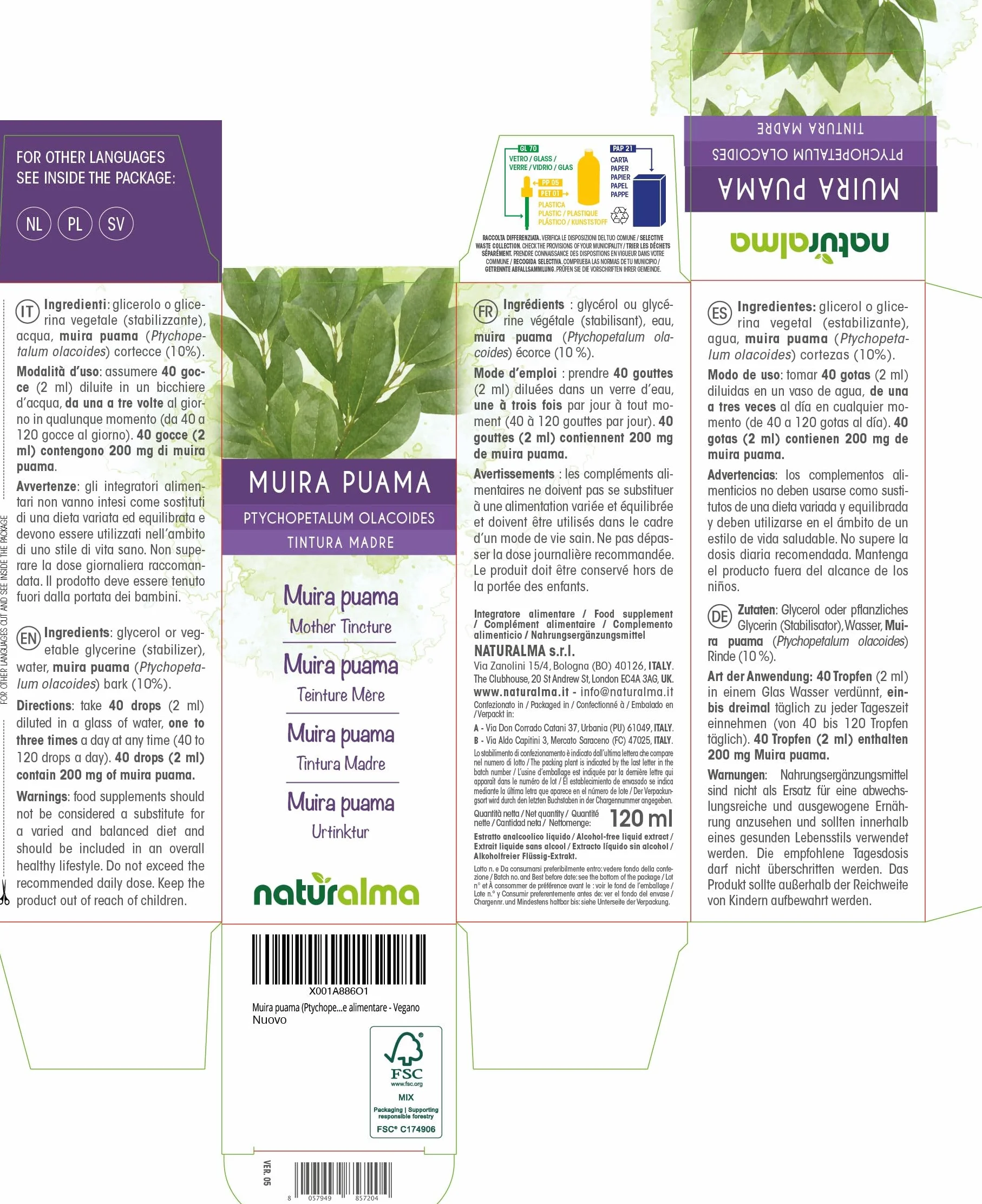 Muira puama (Ptychopetalum olacoides) cortecce Tintura Madre analcoolica Naturalma - Estratto liquido gocce 120 ml - Integratore alimentare - Vegano
