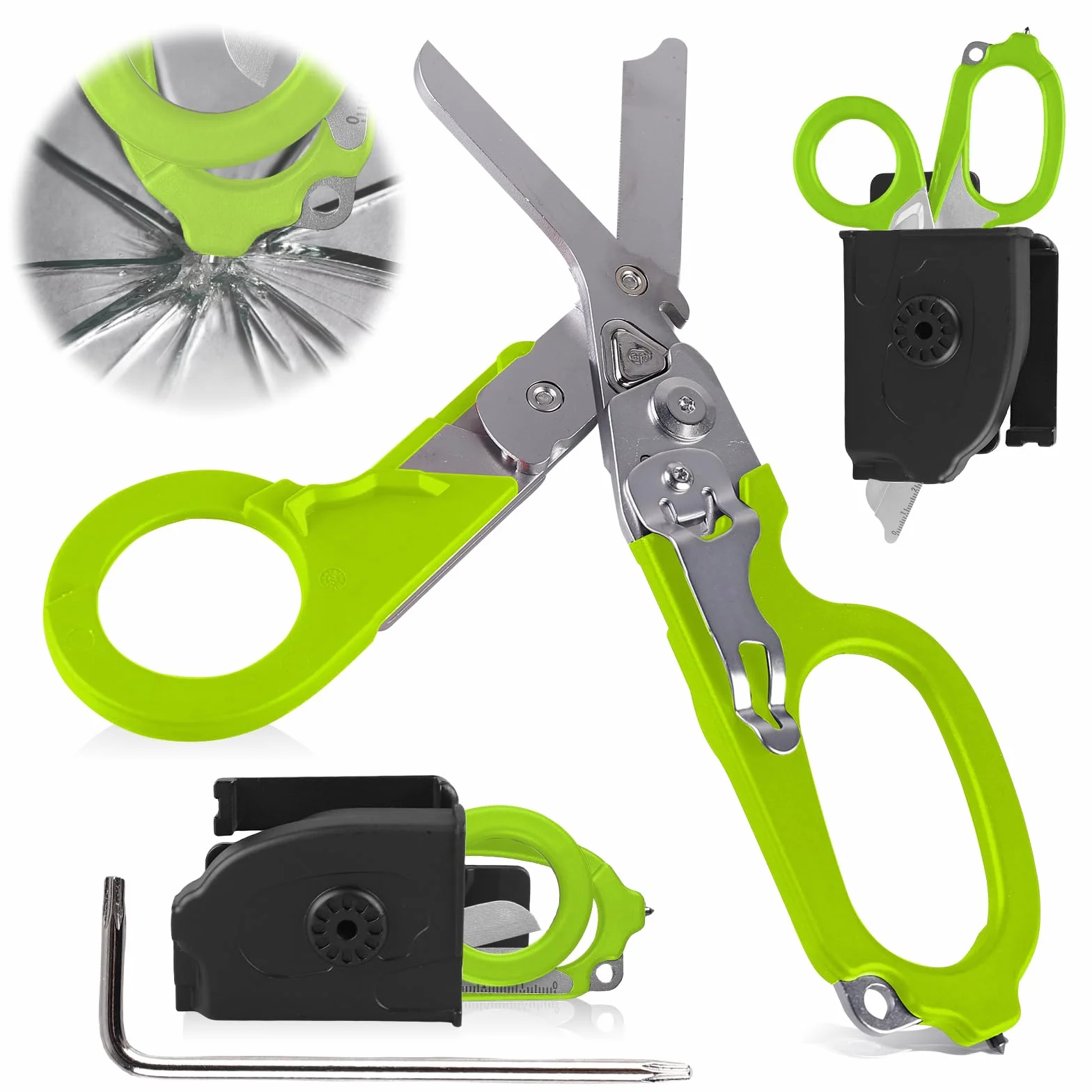 Forbici Trauma: Strumento Multifunzionale 6-In-1 In Acciaio Inossidabile, Pieghevole, Con Frangivetro E Cutter Per Cinture, Per Interventi Di Soccorso (Verde)