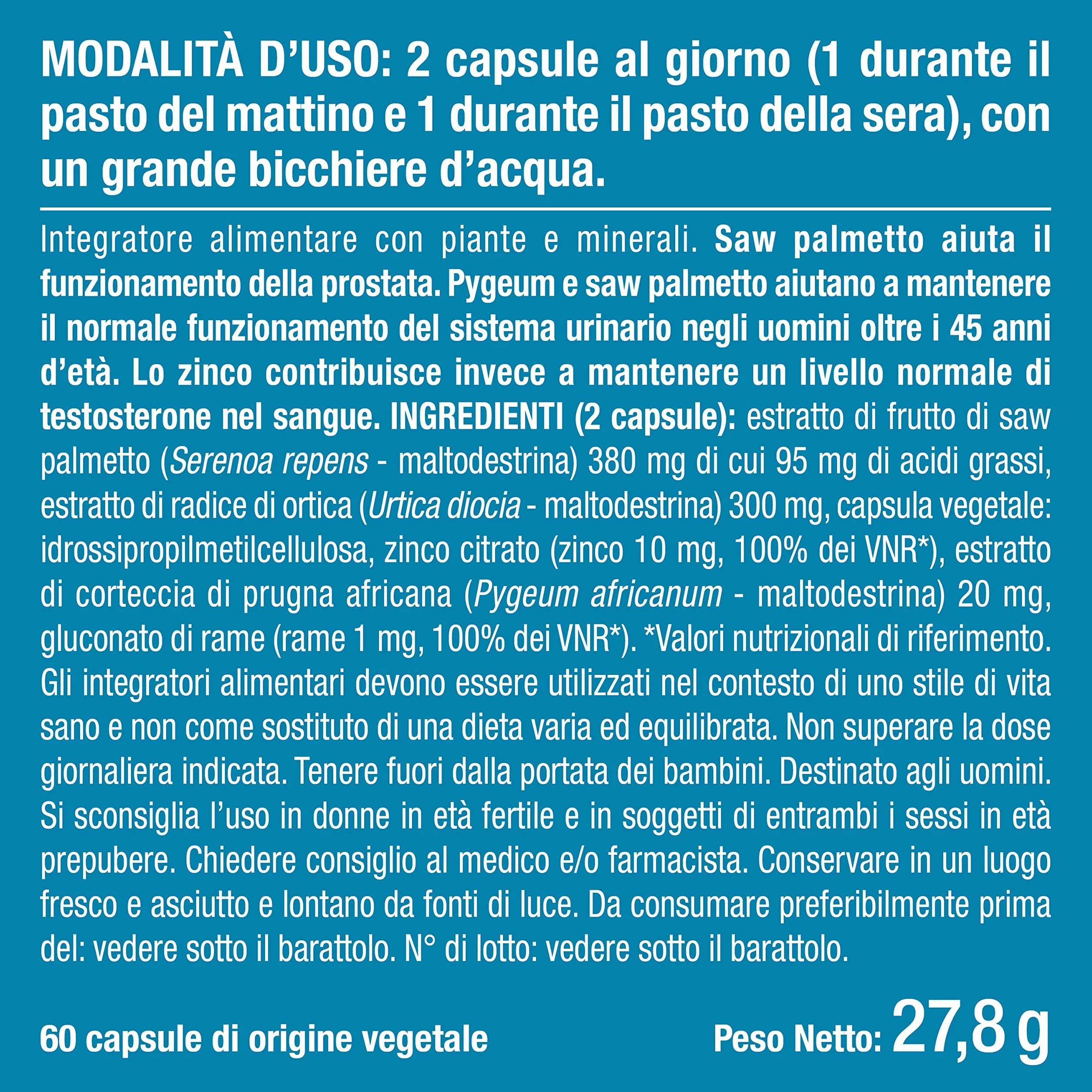 Prostasur Integratore Serenoa Repens 380 mg Saw Palmetto Urtica Diocia Pygeum Africanum Zinco Salute Prostata Vie Urinarie 60 Capsule