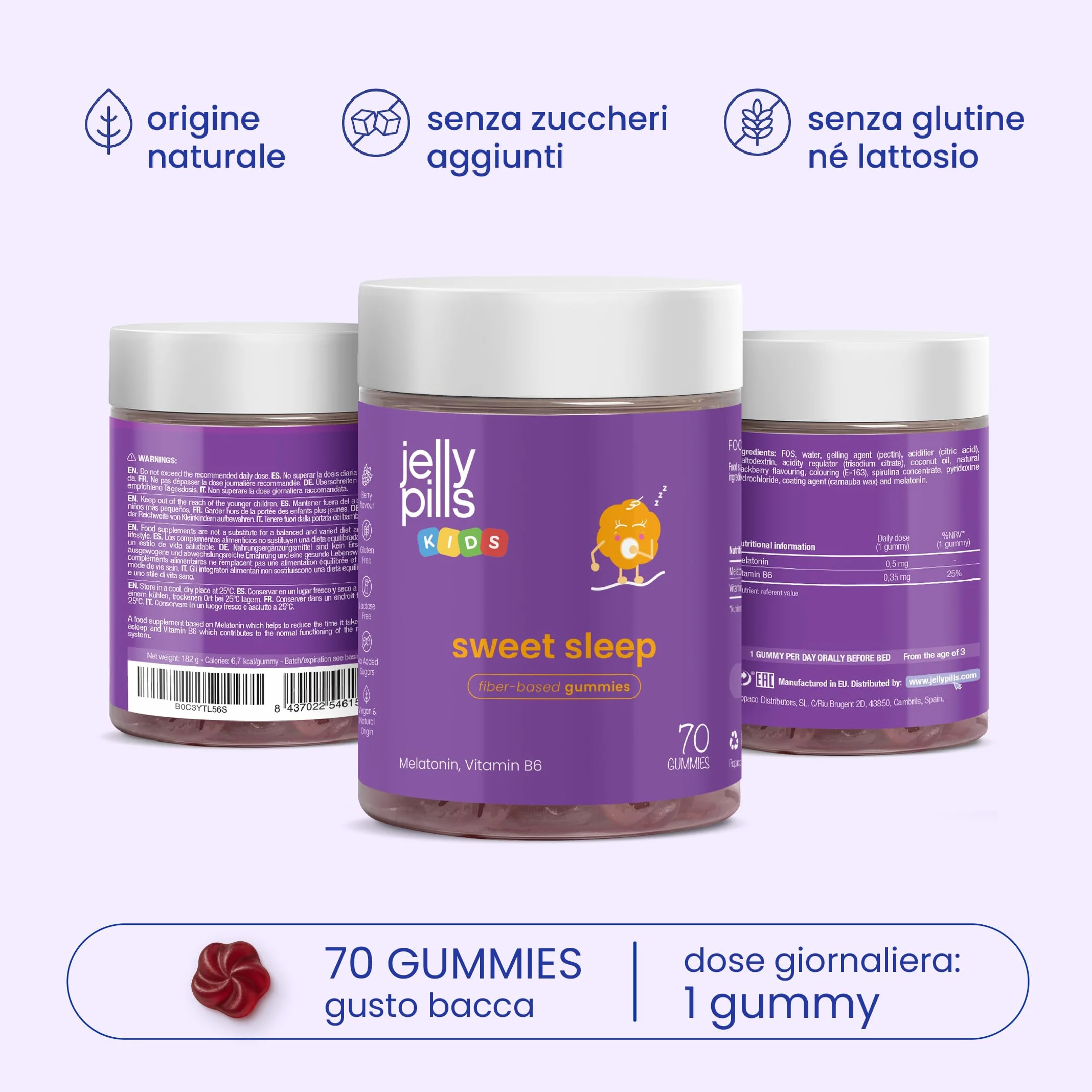 Melatonina Bambini 0,5 mg + Vitamina B6 70 Gummies Vegane Senza Zuccheri Gusto Frutti di Bosco