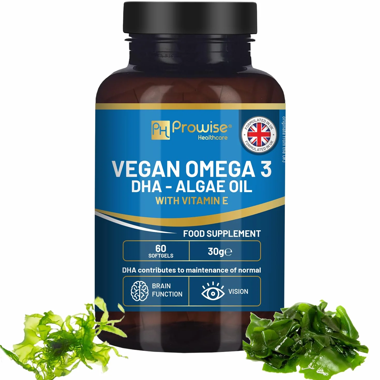 Prowise Vegan Omega-3 DHA da olio di alghe | 60 capsule molli con vitamina E | 400 mg di DHA + 10 mg di vitamina E | 100% vegetale | Fonte pura e sostenibile