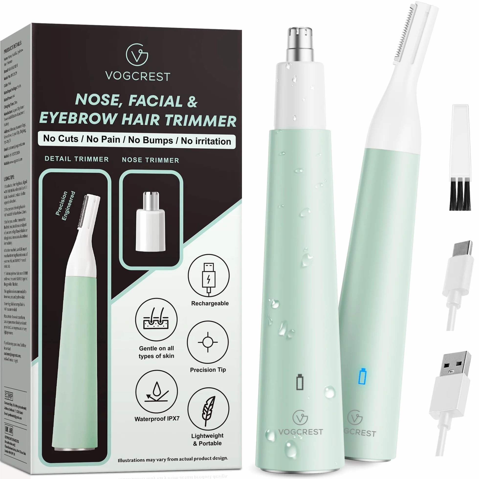 VG VOGCREST Rasoio per naso da donna ricaricabile 2 in 1 per sopracciglia (verde)