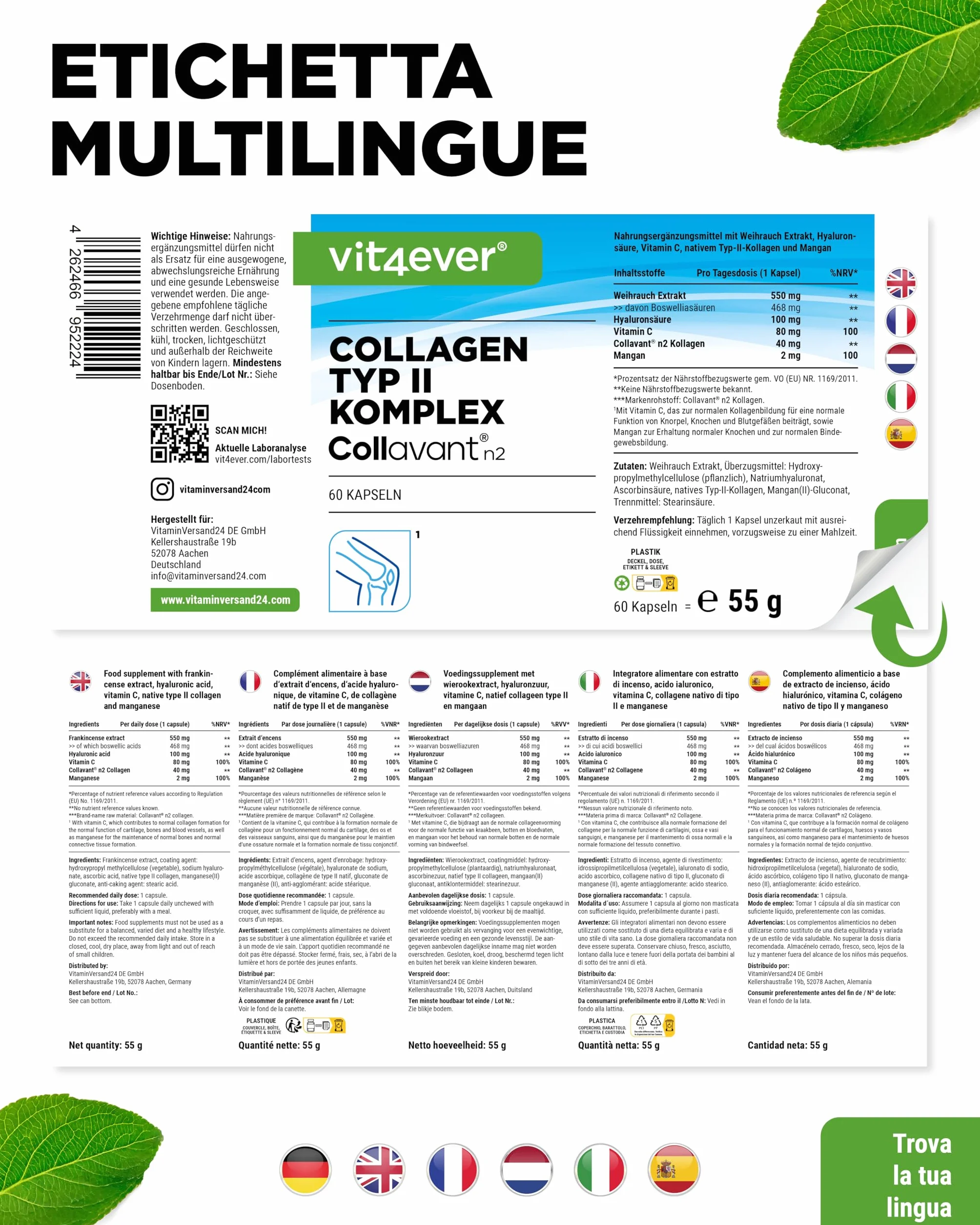 Complesso Collagene di tipo II con Collavant n2®, acido ialuronico, vitamina C, manganese per ossa e articolazioni