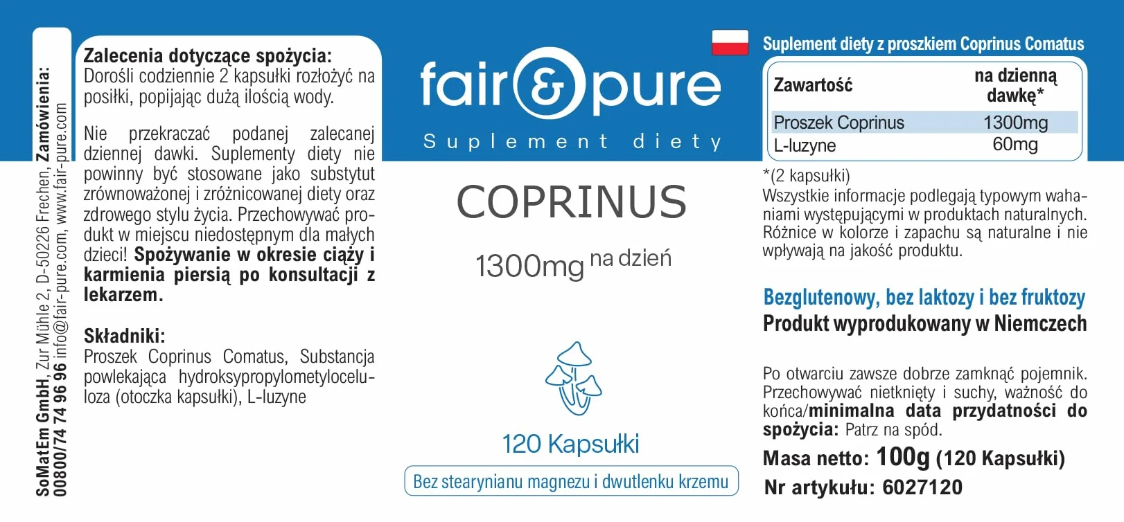Fair & Pure Capsule di Coprinus 1300mg dose giornaliera, 120 pezzi, fungo coprinus, integratore alimentare vegano senza additivi, prodotto in Germania
